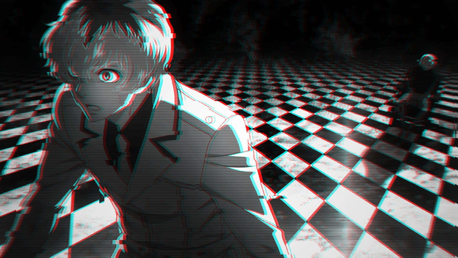 glitch art 桌布 壁紙 — 一個動漫角色帶有故障效果的紅色和青色邊緣，蹲在黑暗房間的棋盤格地板上，背景中有另一個人影。