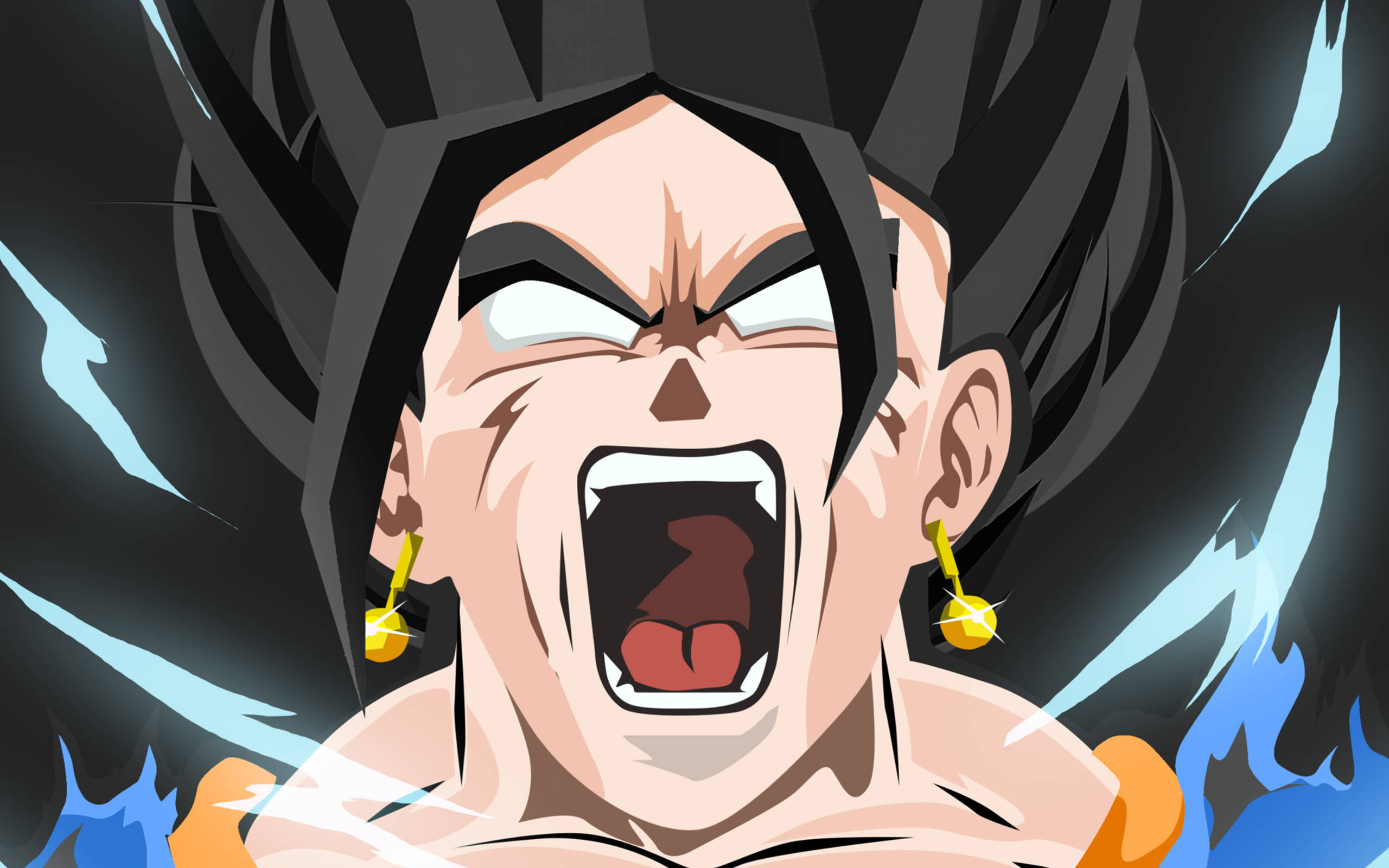 Vegito 桌布 壁紙 — 一個動漫角色怒吼著，藍色能量在他尖刺的黑髮和金耳環周圍噼啪作響。