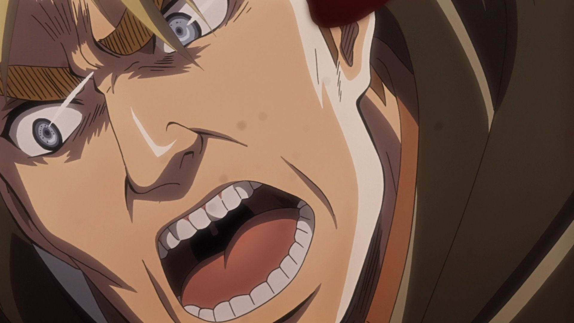 Erwin 桌布 壁紙 — 一個動漫角色特寫，在緊張時刻睜大眼睛、露出牙齒尖叫。