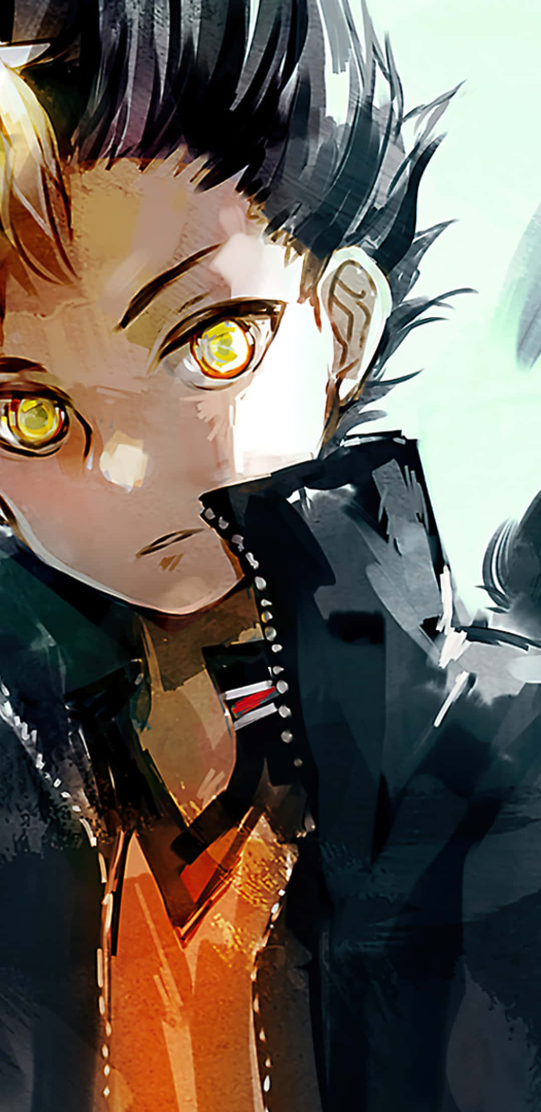 Haikyuu Fan Art 桌布 壁紙 — 一個動漫角色特寫，擁有刺狀黑髮和發光的黃色眼睛，在柔和光線背景下強烈凝視。