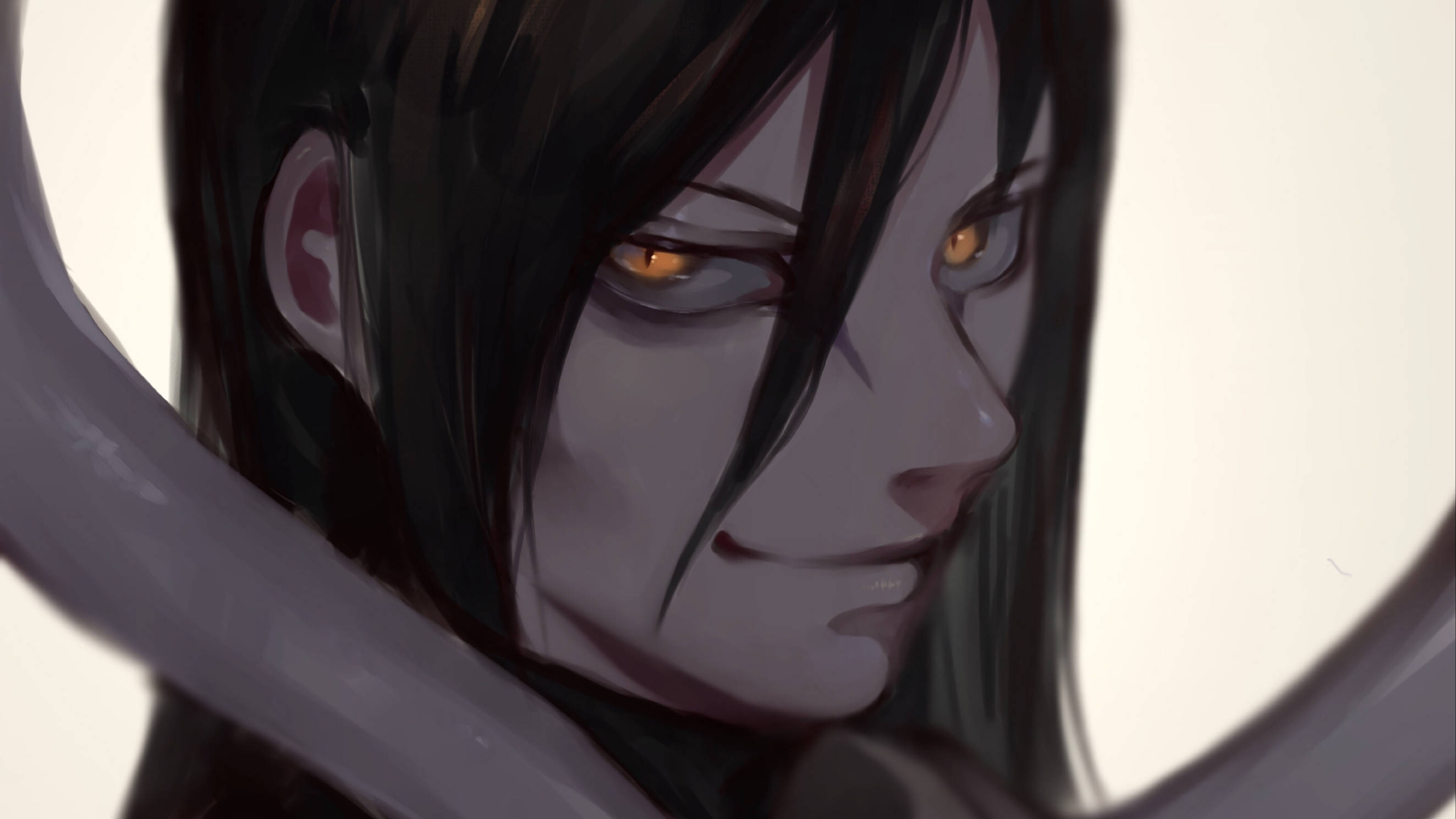 Orochimaru 桌布 壁紙 — 一個動漫角色特寫肖像，擁有深色頭髮和發光的橙色眼睛，在昏暗場景中手持一把劍。