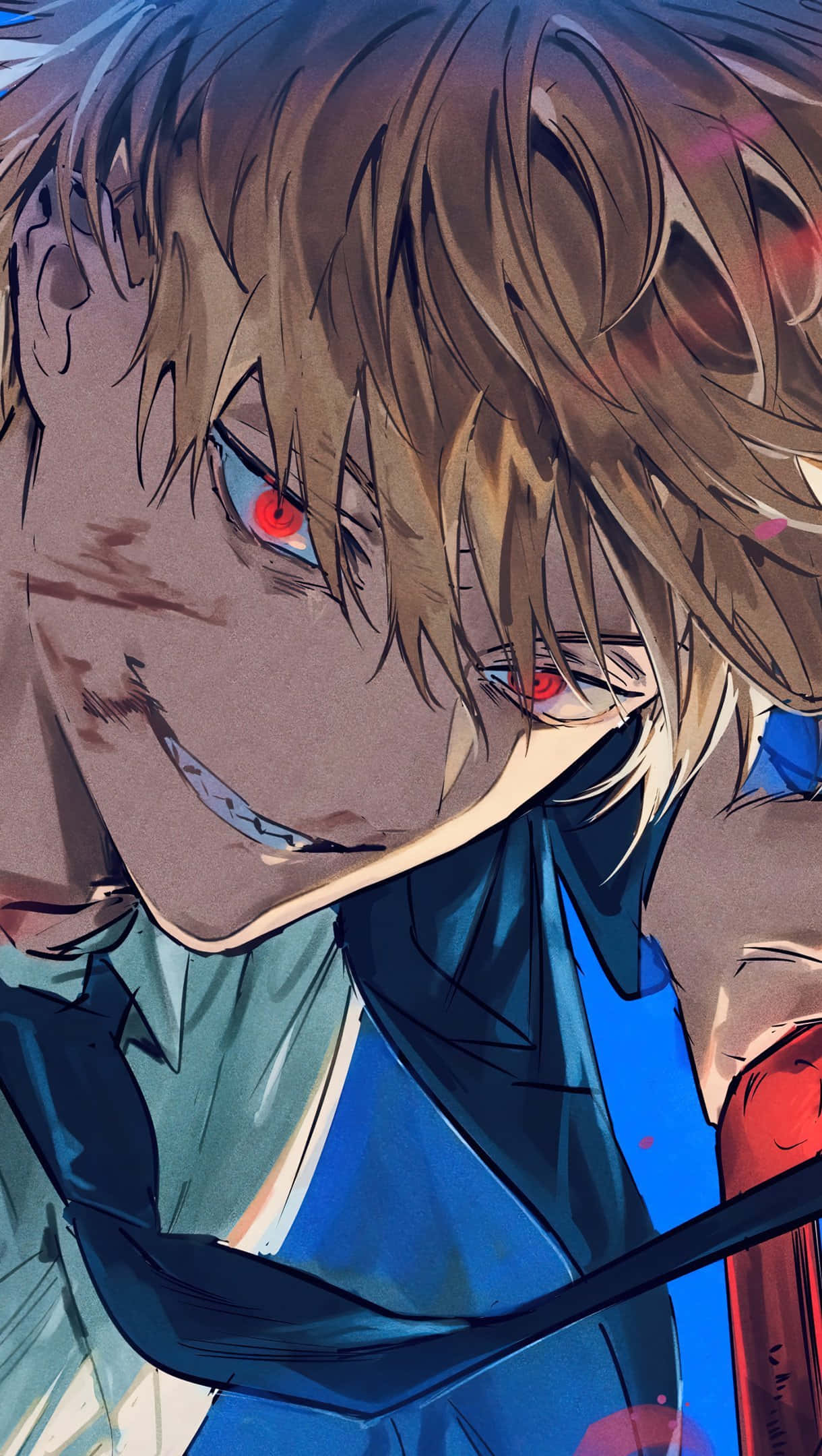 Cool Anime iPhone 桌布 壁紙 — 一個動漫角色的特寫，凌亂的棕色頭髮和發光的紅色眼睛，手持劍露出威脅的笑容。