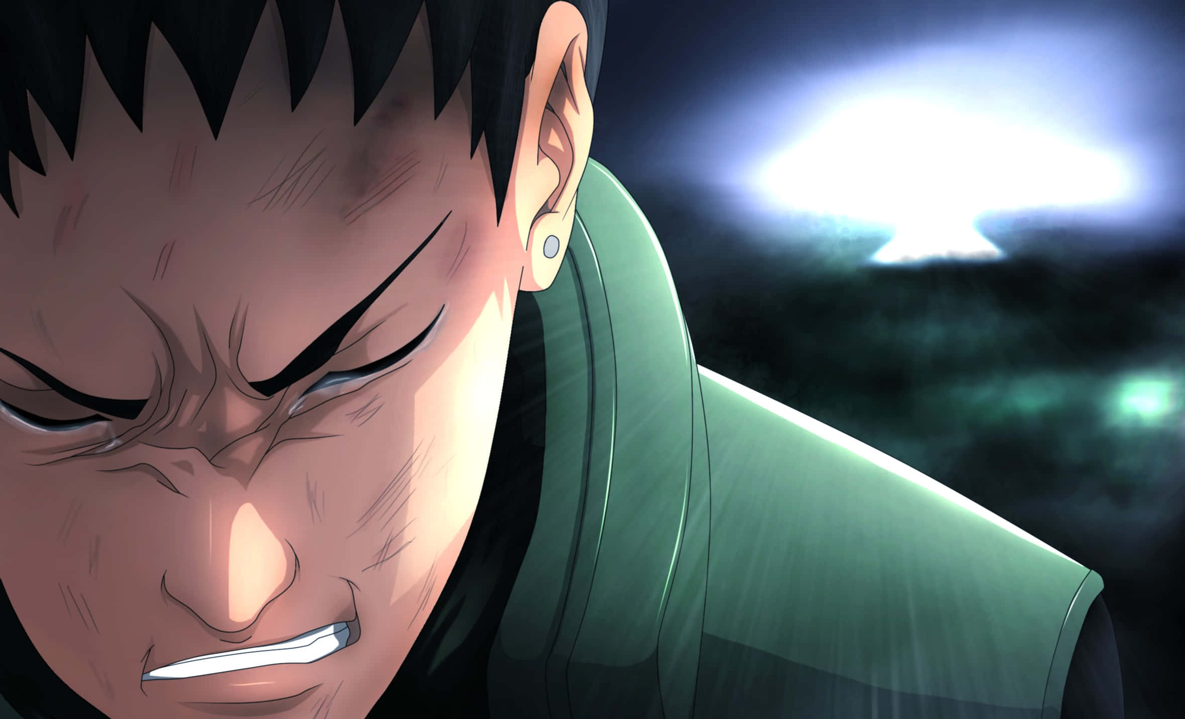 Shikamaru Nara 桌布 壁紙 — 一個動漫角色的特寫，在發光的藍光下露出猙獰的表情並咬緊牙關。