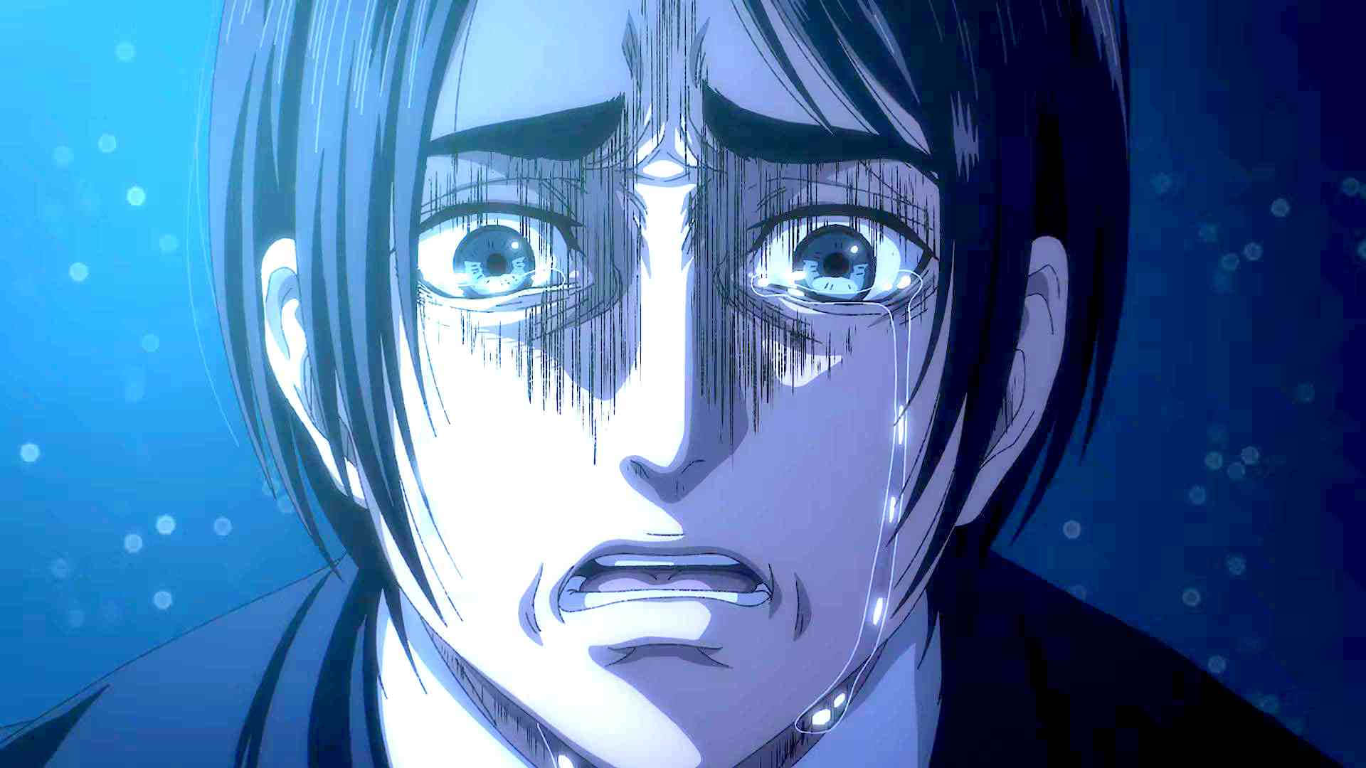Attack On Titan The Final Season 桌布 壁紙 — 一個動漫角色的特寫，擁有寬大的藍色眼睛，淚水順著臉頰流下，背景是閃爍的藍色。