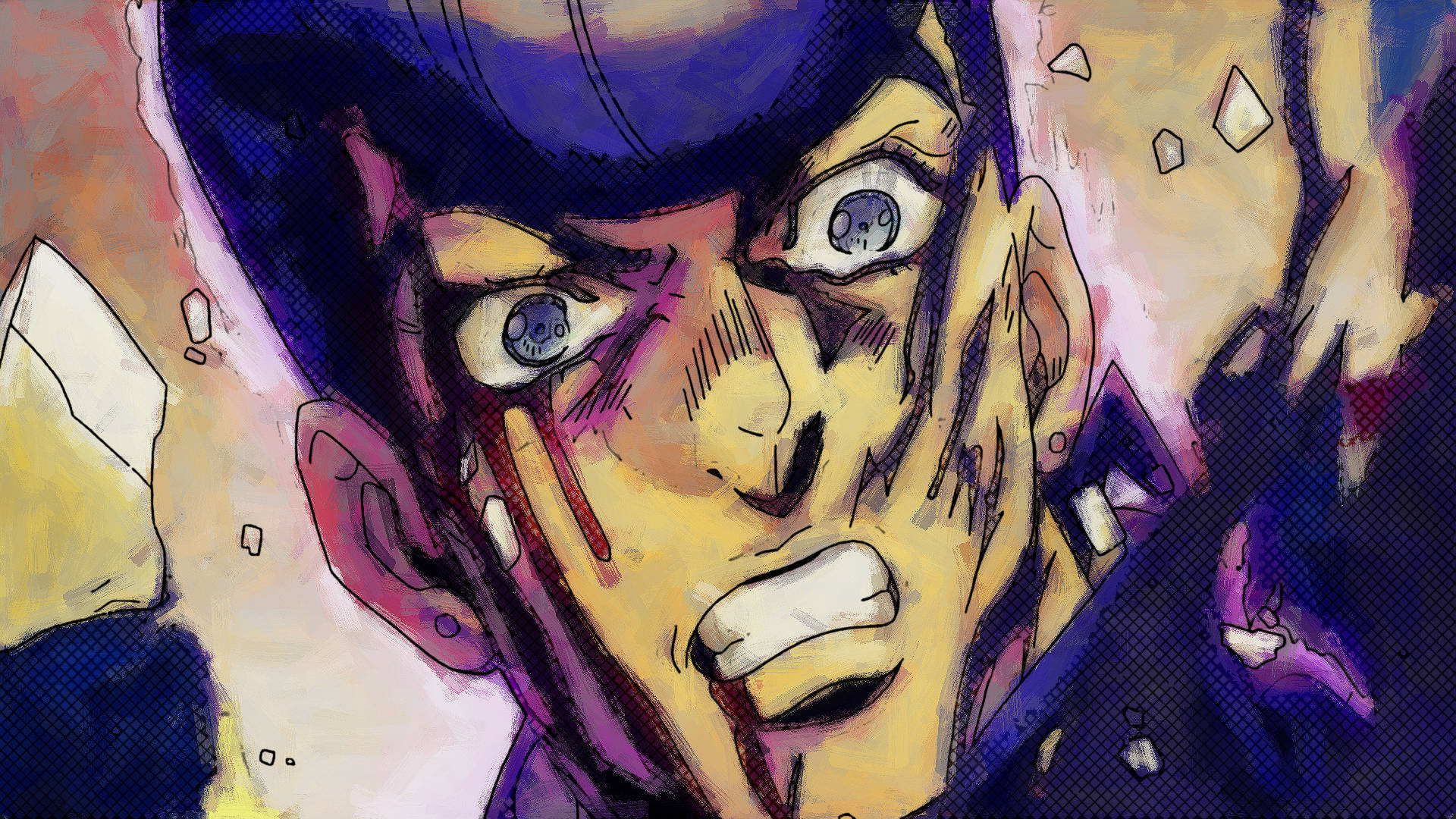Josuke 桌布 壁紙 — 一個動漫角色的特寫，擁有寬闊的藍色眼睛和血跡斑斑的臉龐，置身於破碎的瓦礫中，呈現動態的動作場景。