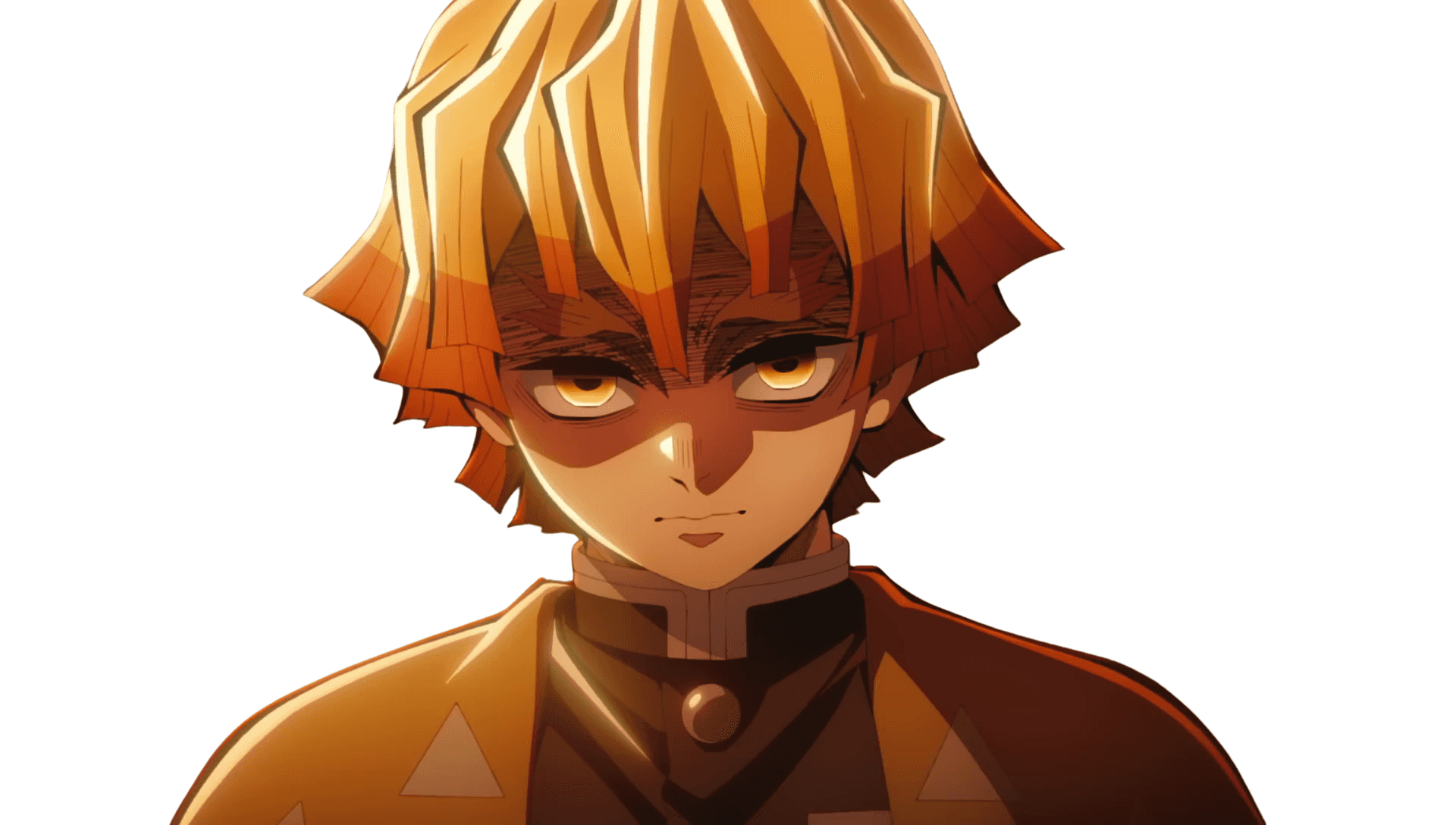 Zenitsu Pfp 桌布 壁紙 — 一個動漫角色的特寫，擁有尖刺的橙色頭髮和強烈的金色眼睛，穿著棕色高領服裝。