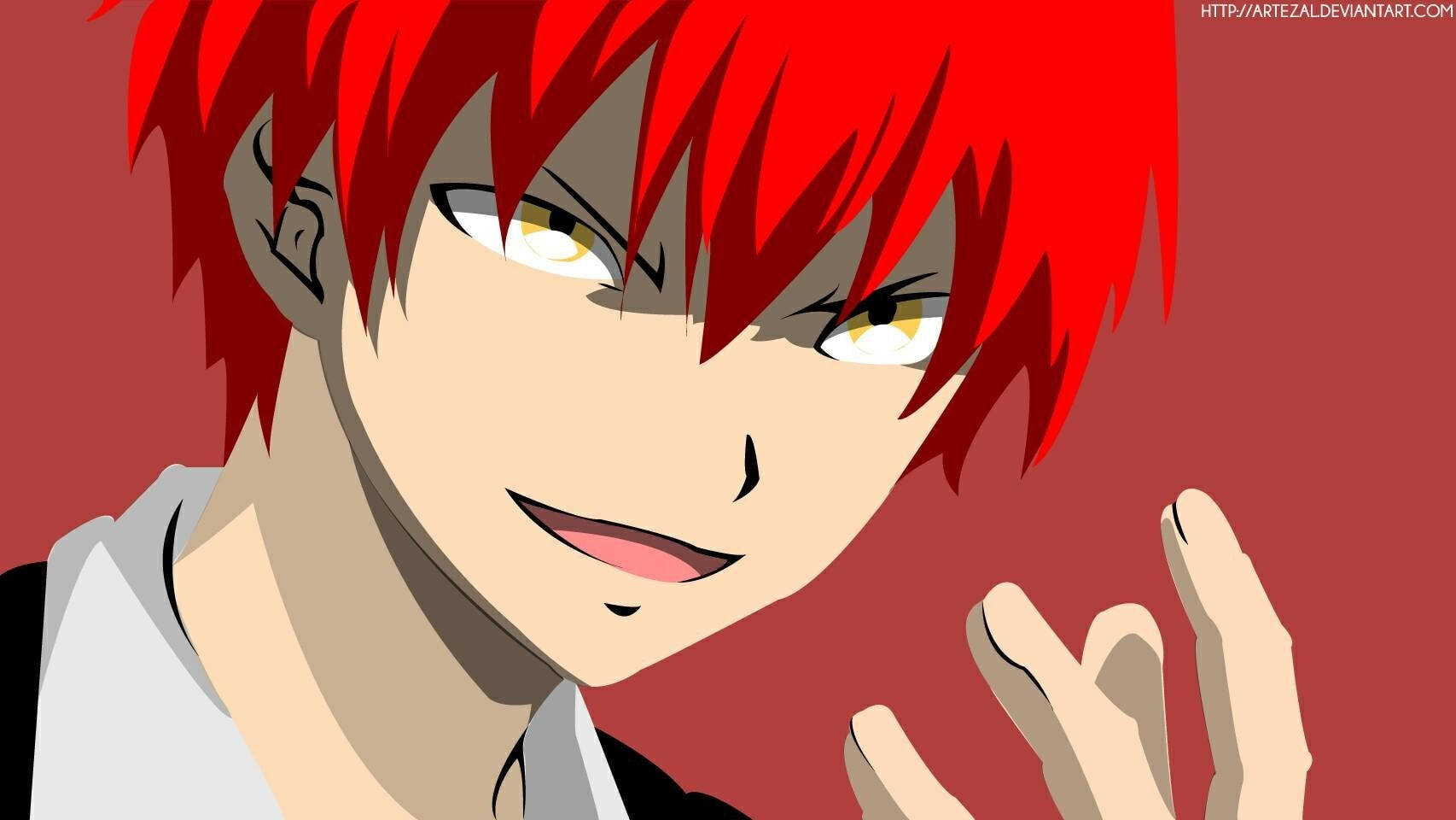 Anime Pc 桌布 壁紙 — 一個動漫角色的特寫，擁有尖刺的紅髮和金色眼睛，在純紅色背景上頑皮地微笑。