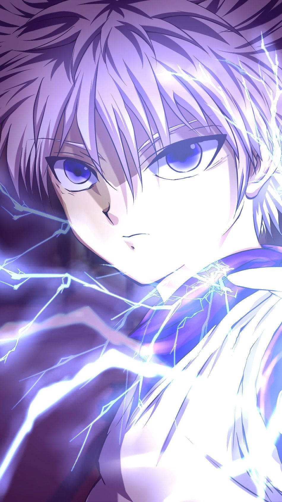 動漫角色，紫色頭髮和藍色眼睛，被電閃電包圍。 — 獵人 x 獵人 GIF 壁紙
