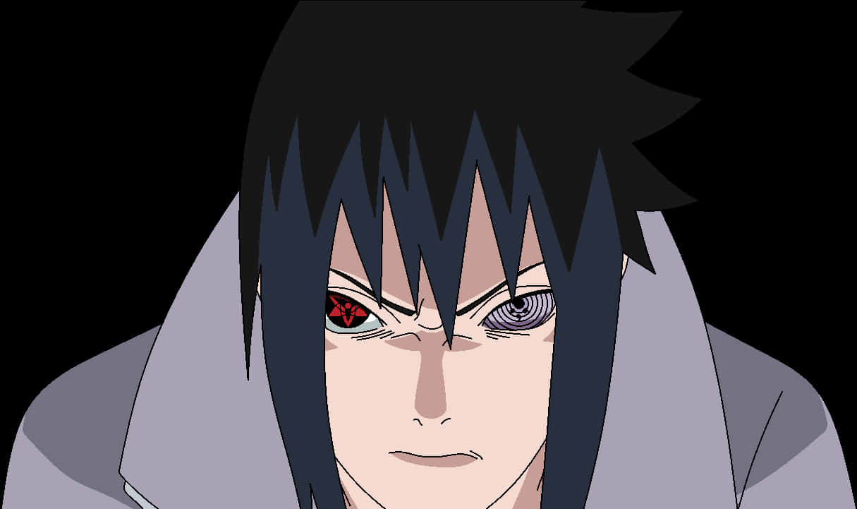 Rinnegan 桌布 壁紙 — 一個動漫角色的特寫，擁有尖刺般的黑髮和發光的紅白眼睛，背景為黑色。