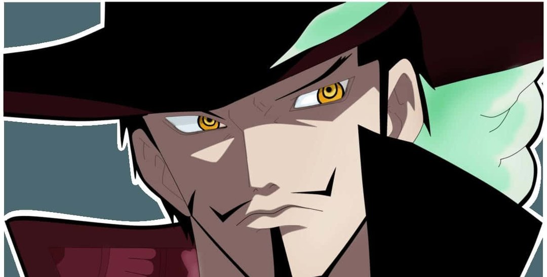 Dracule Mihawk 桌布 壁紙 — 一個動漫角色的特寫，擁有強烈的黃色眼睛和嚴肅的表情，戴著寬邊帽。