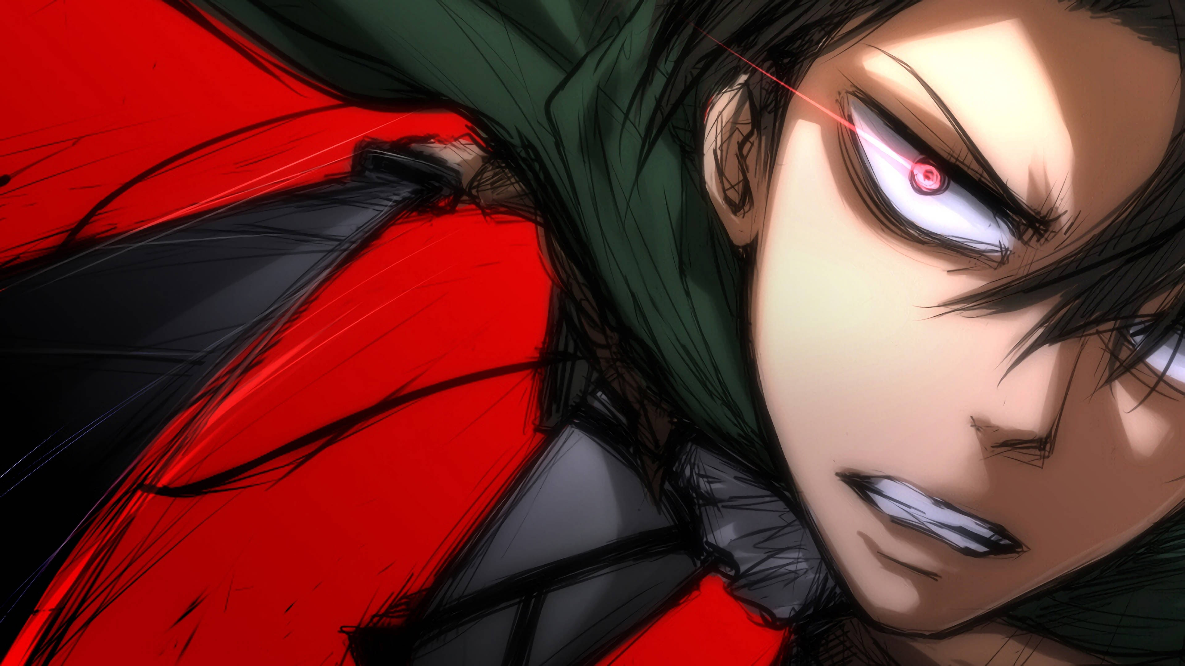 Levi 桌布 壁紙 — 一個動漫角色的特寫，擁有發光的紅色眼睛和兇猛的表情，穿著紅色和綠色的服裝。