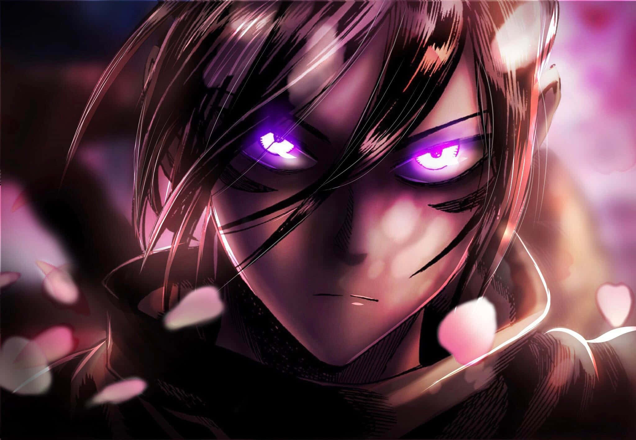 One Punch Man Sonic 桌布 壁紙 — 一個動漫角色的特寫，擁有發光的紫色眼睛和深色頭髮，周圍環繞著漂浮的粉紅色花瓣。