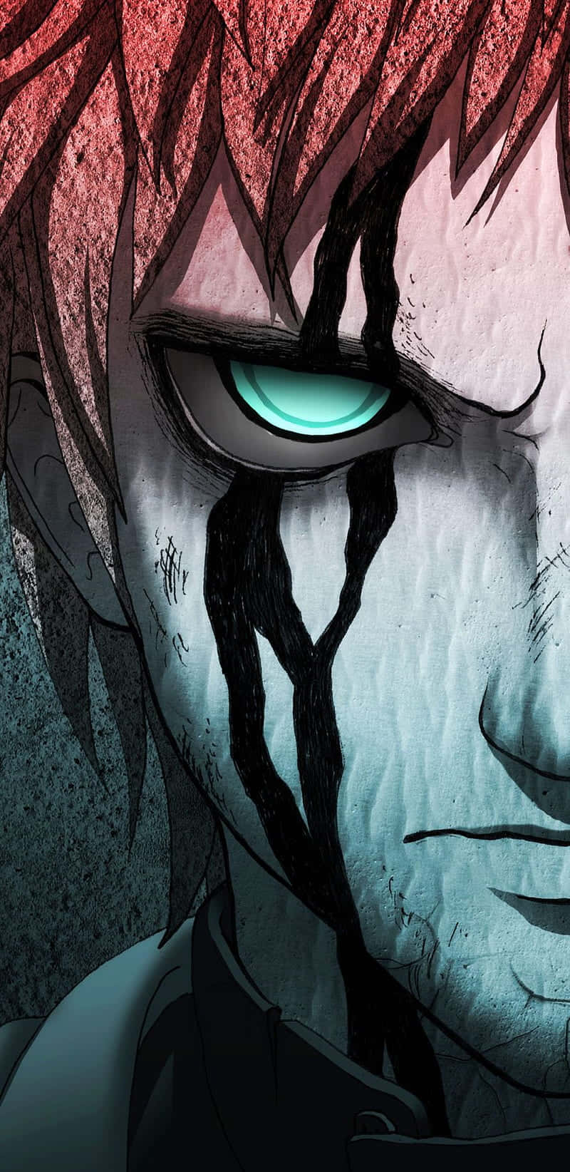 Gaara Naruto Anime 桌布 壁紙 — 一個動漫角色的特寫，擁有發光的青色眼睛和黑色裂紋在臉上，背景為有紋理的紅色和灰色。