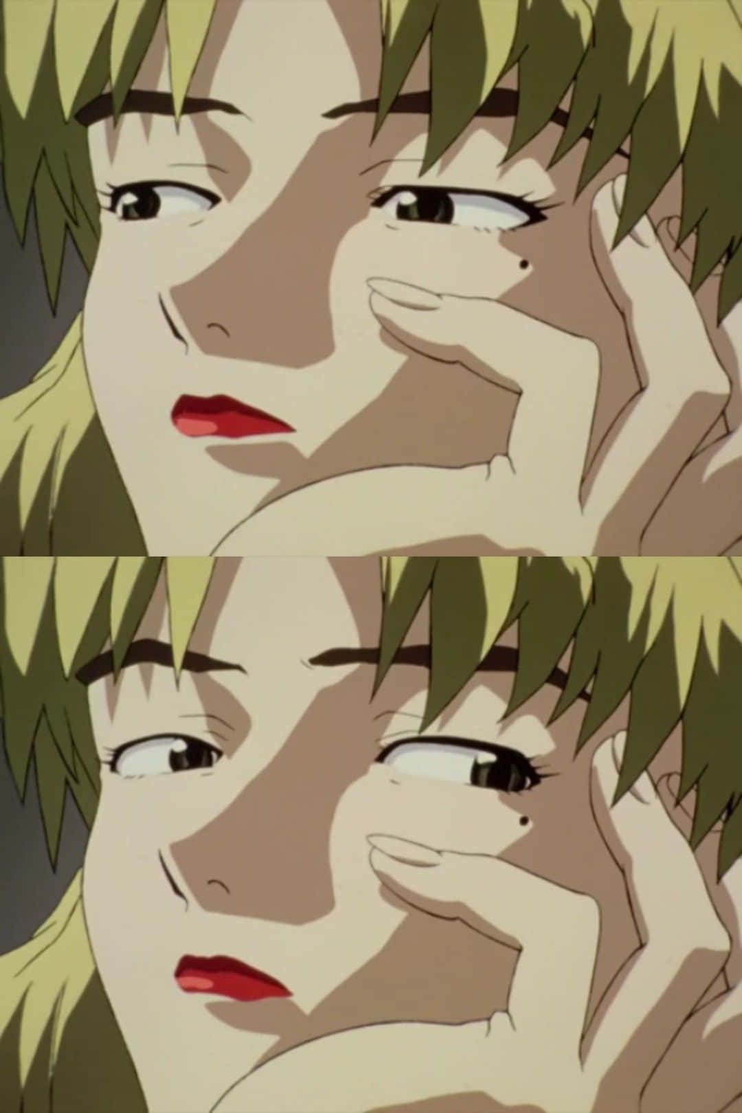 Ritsuko Akagi 桌布 壁紙 — 一個動漫角色的特寫，擁有綠色頭髮和紅色嘴唇，輕輕觸碰臉頰，帶著沉思的表情。