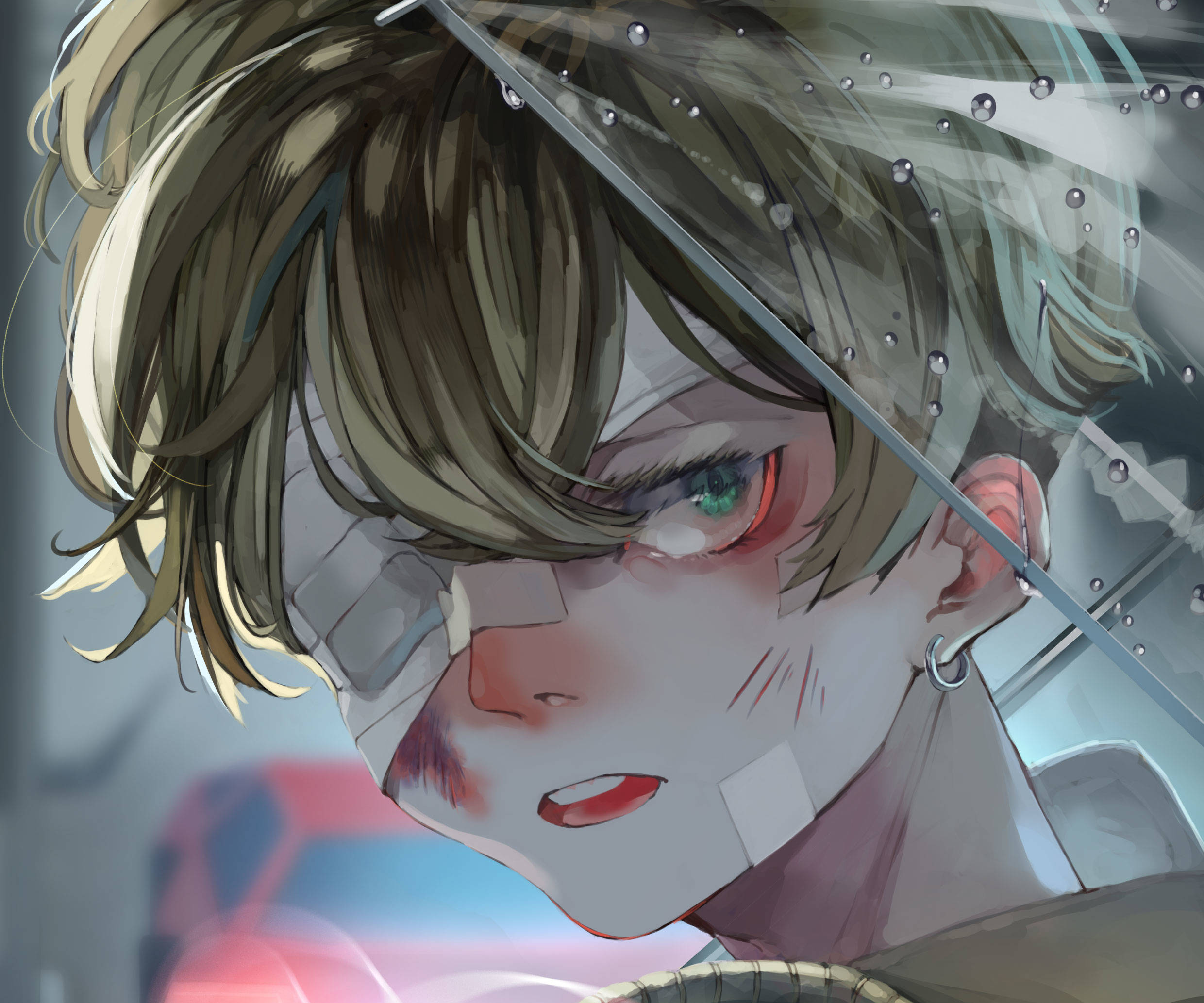 chifuyu matsuno 桌布 壁紙 — 一個動漫角色的特寫，有著凌亂的棕色頭髮和繃帶纏繞的臉龐，站在被雨水浸濕的雨傘下，眼睛發出帶有紅色血絲的綠光。