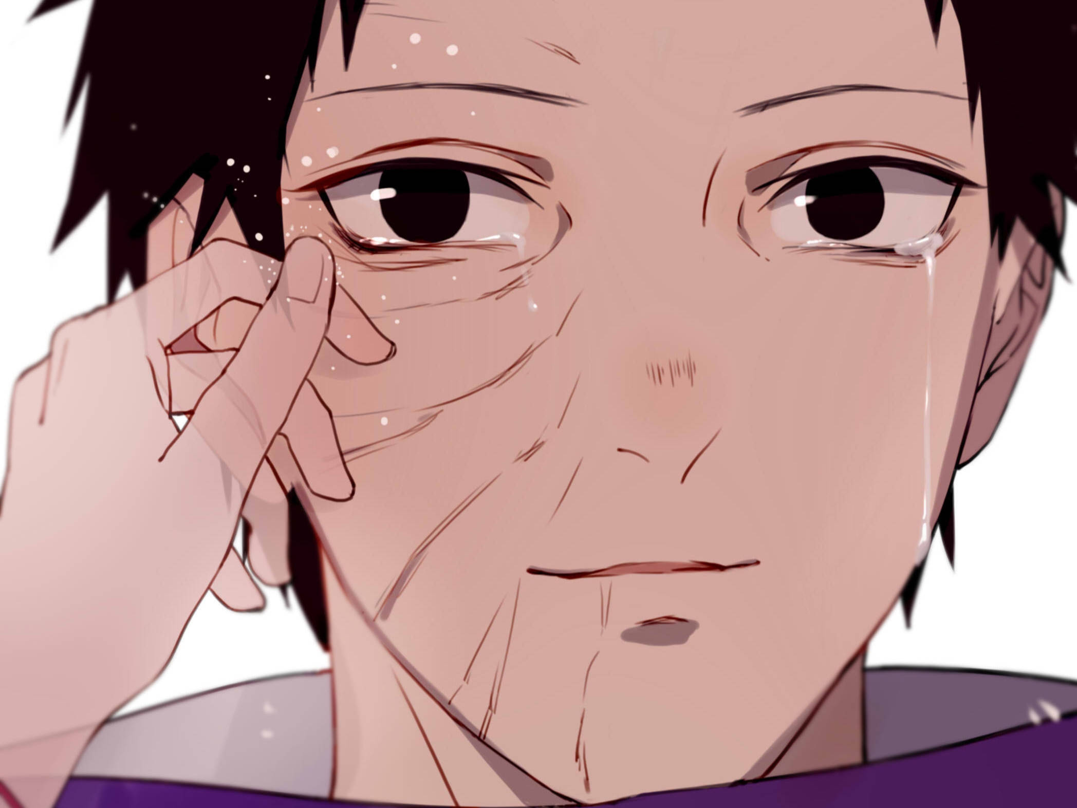 Obito Uchiha 桌布 壁紙 — 一個動漫角色的特寫，用顫抖的手輕輕擦去眼中的淚水，背景是柔和的白色。