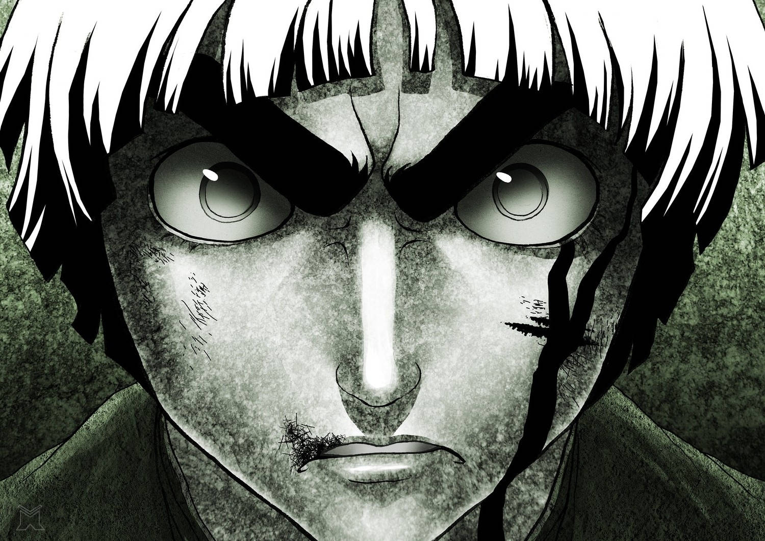 Rock Lee 桌布 壁紙 — 一個動漫角色的特寫，白髮和強烈的眼睛，表現出憤怒和決心。