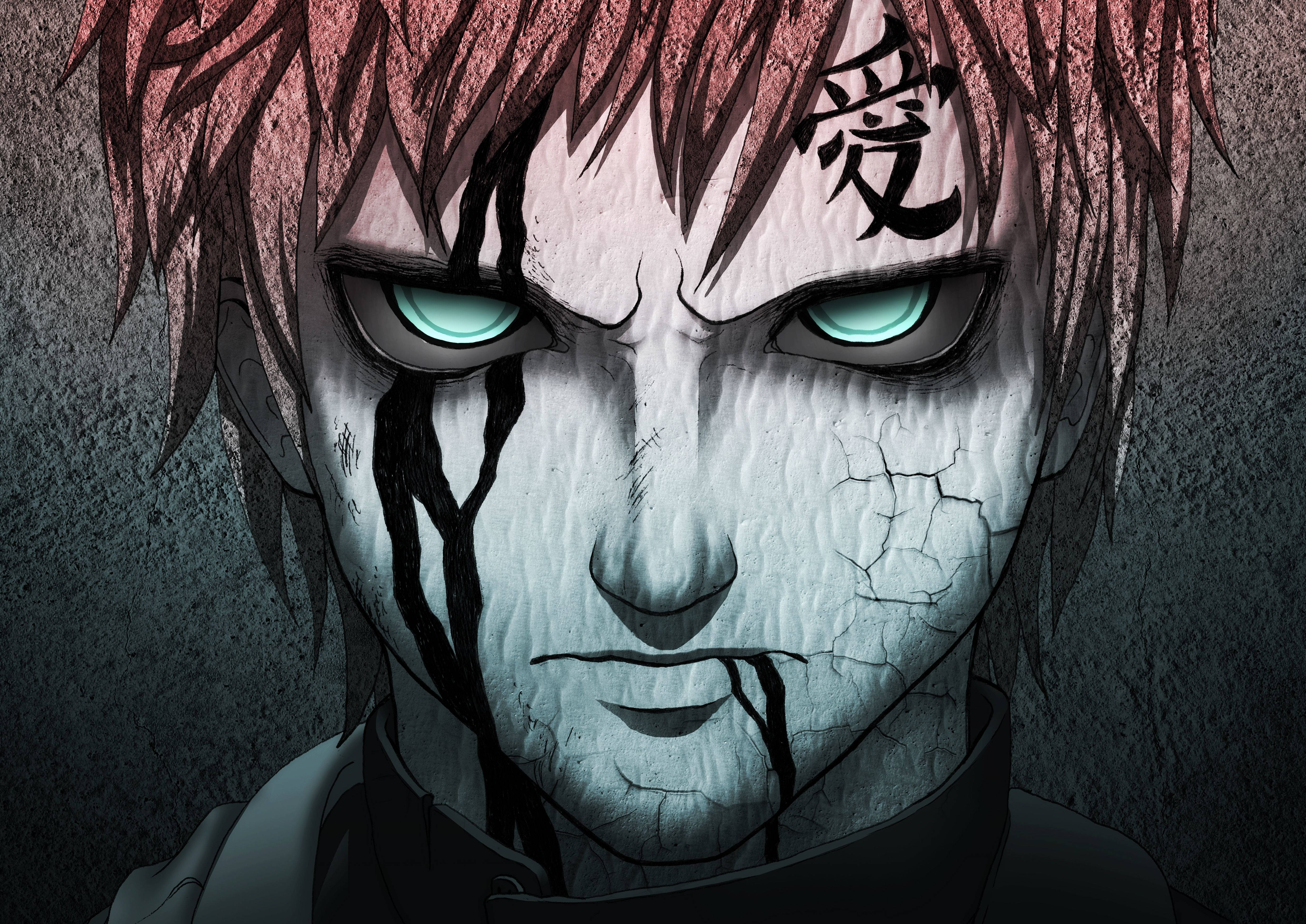 Gaara 桌布 壁紙 — 一個動漫角色的特寫，皮膚蒼白龜裂，發出青綠色光芒的眼睛，紅色頭髮，背景是深色紋理。