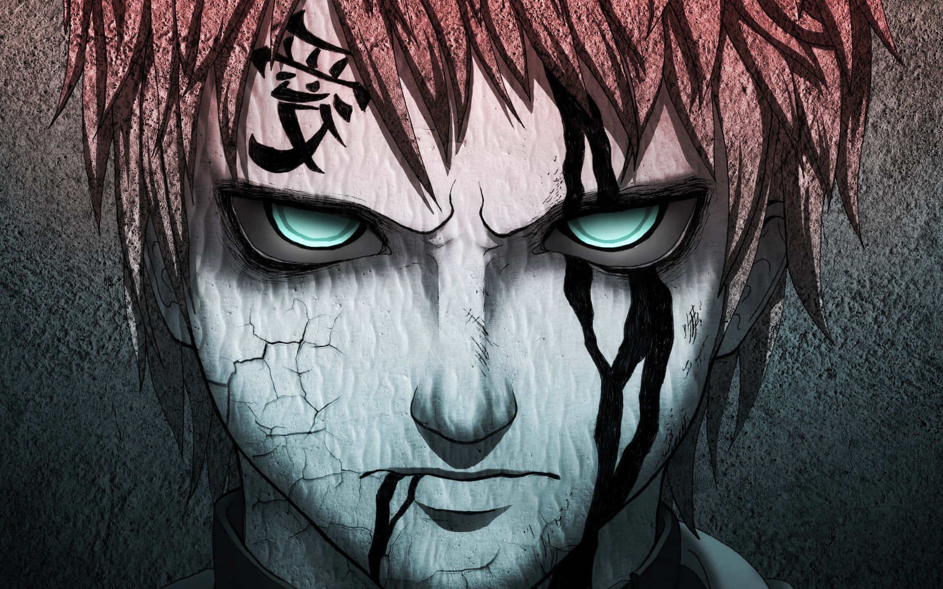Gaara Naruto Anime 桌布 壁紙 — 一個動漫角色的特寫，皮膚蒼白龜裂，發出青綠色光芒的眼睛，以及黑色淚痕般的印記，背景是深色紋理。