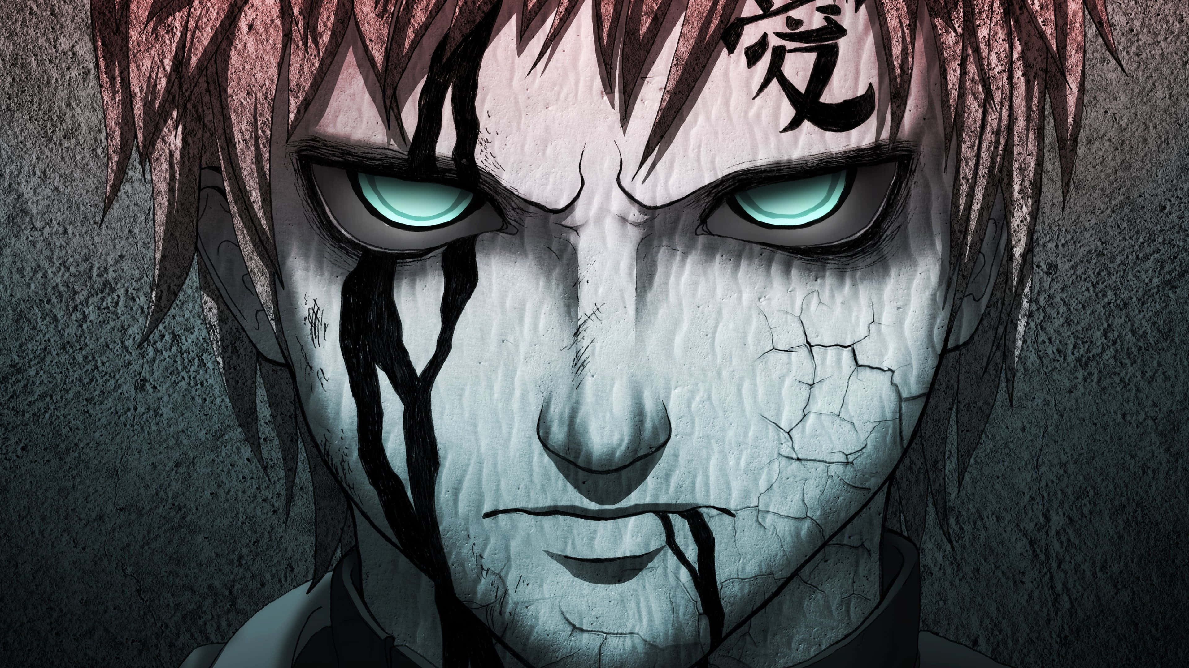 Naruto Anime 桌布 壁紙 — 一個動漫角色的特寫，皮膚裂開呈白色，眼睛發出青綠色光芒，臉上帶有黑色淚痕般的標記。