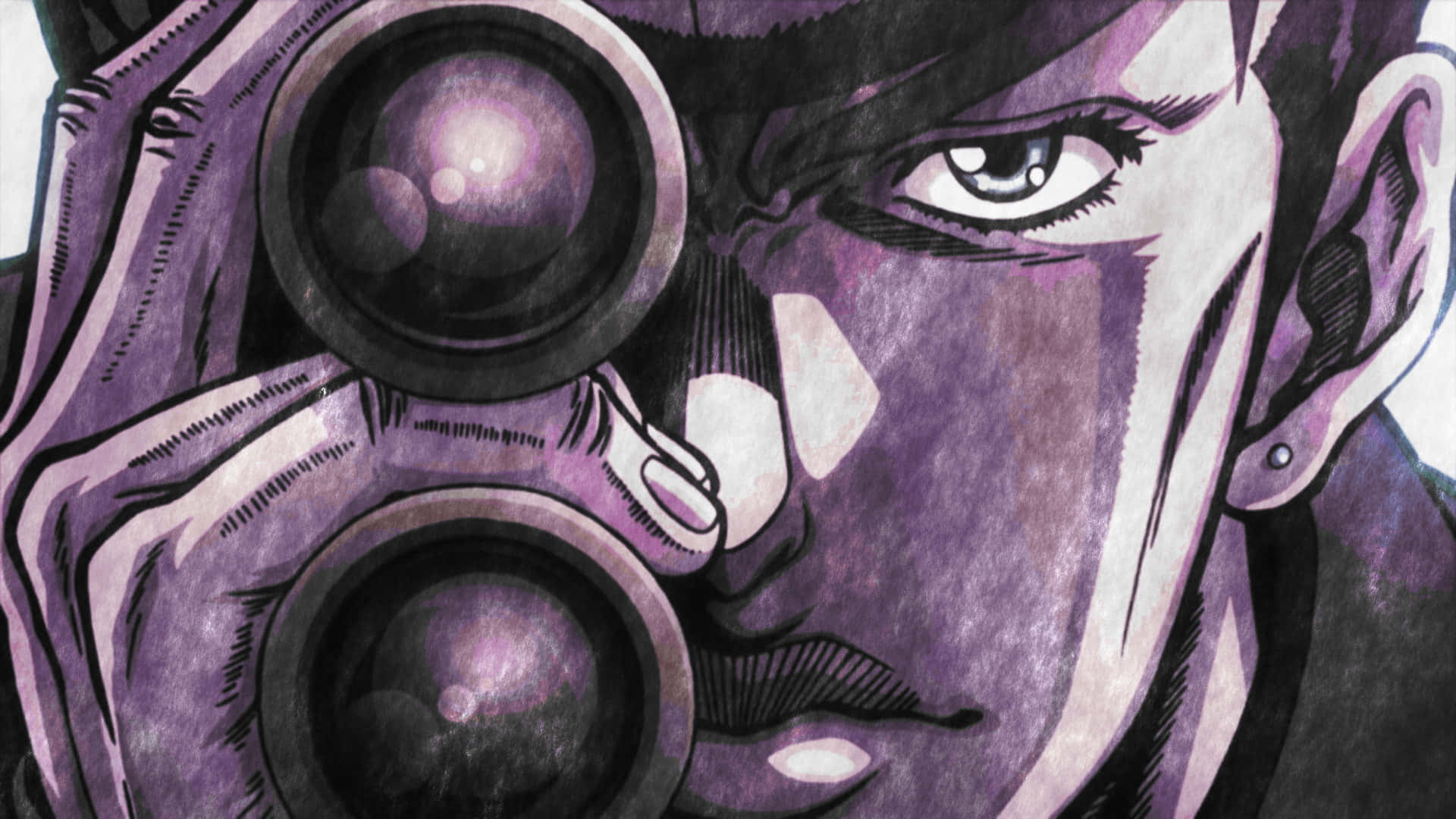 Josuke Higashikata 桌布 壁紙 — 一個動漫角色的特寫，眼神銳利，透過望遠鏡窺視，背景為紫色和黑色。