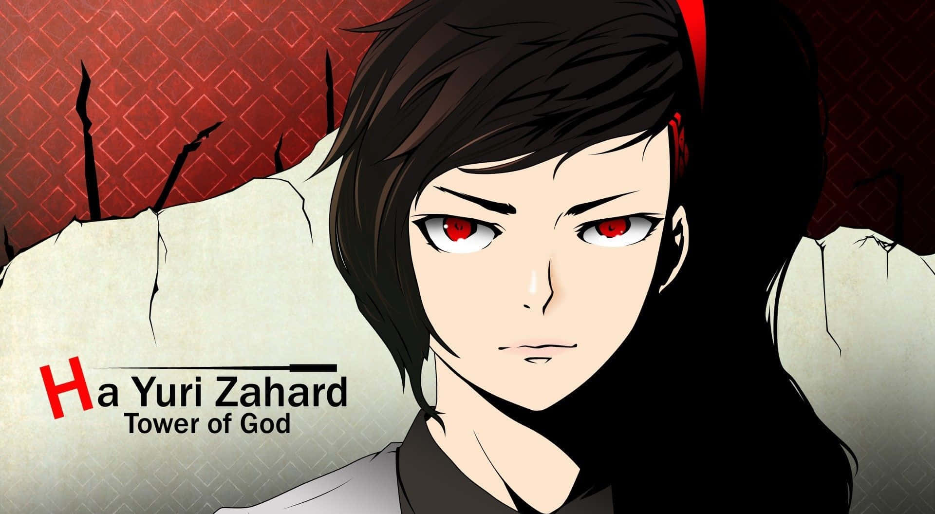 Tower Of God 桌布 壁紙 — 一個動漫角色的特寫，紅眼睛和深色頭髮，背景是破裂的紅色和米色。