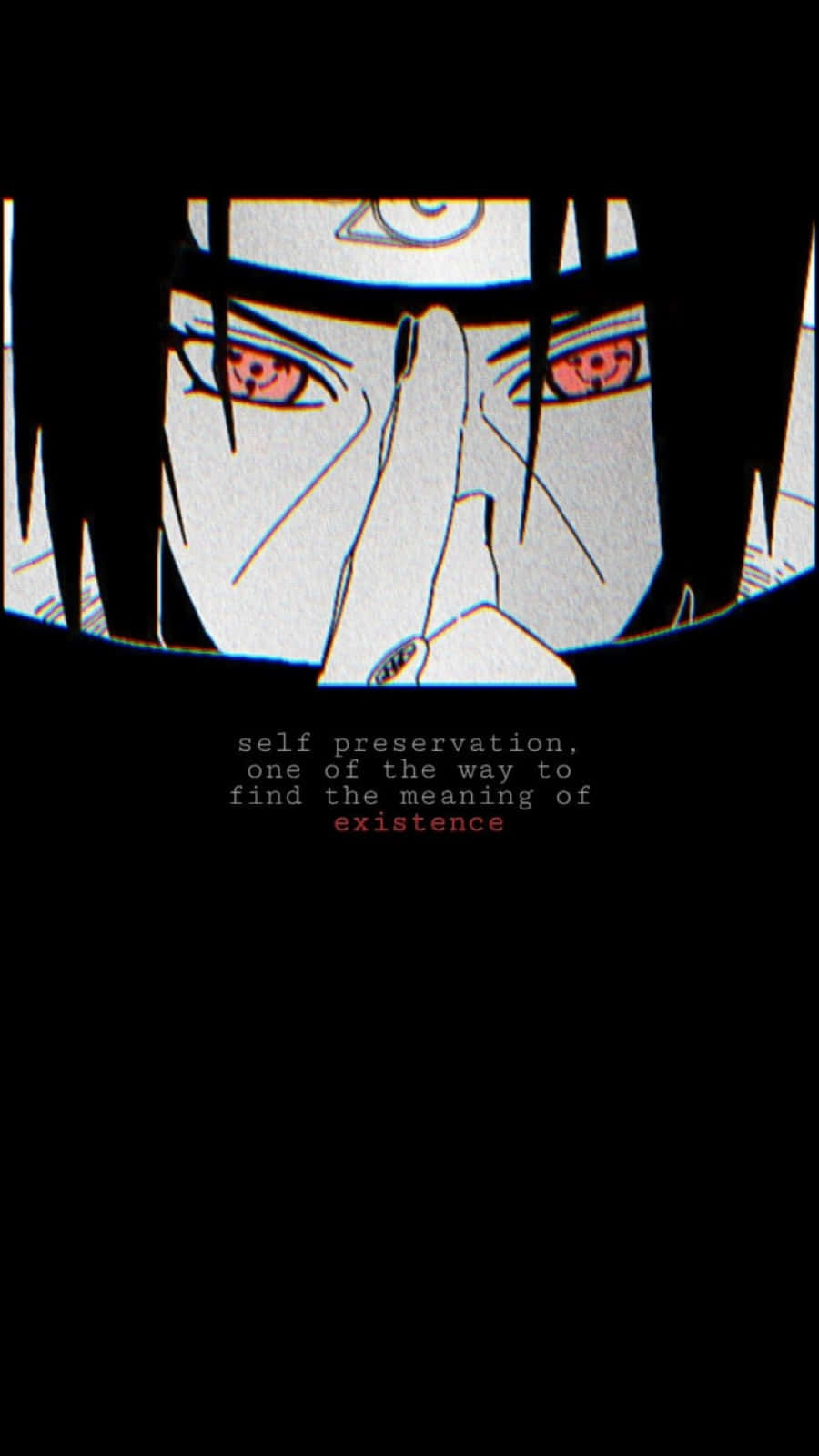 Akatsuki Quotes 桌布 壁紙 — 一個動漫角色的特寫，紅眼睛和頭帶，在黑色背景上強烈凝視，下方有文字。