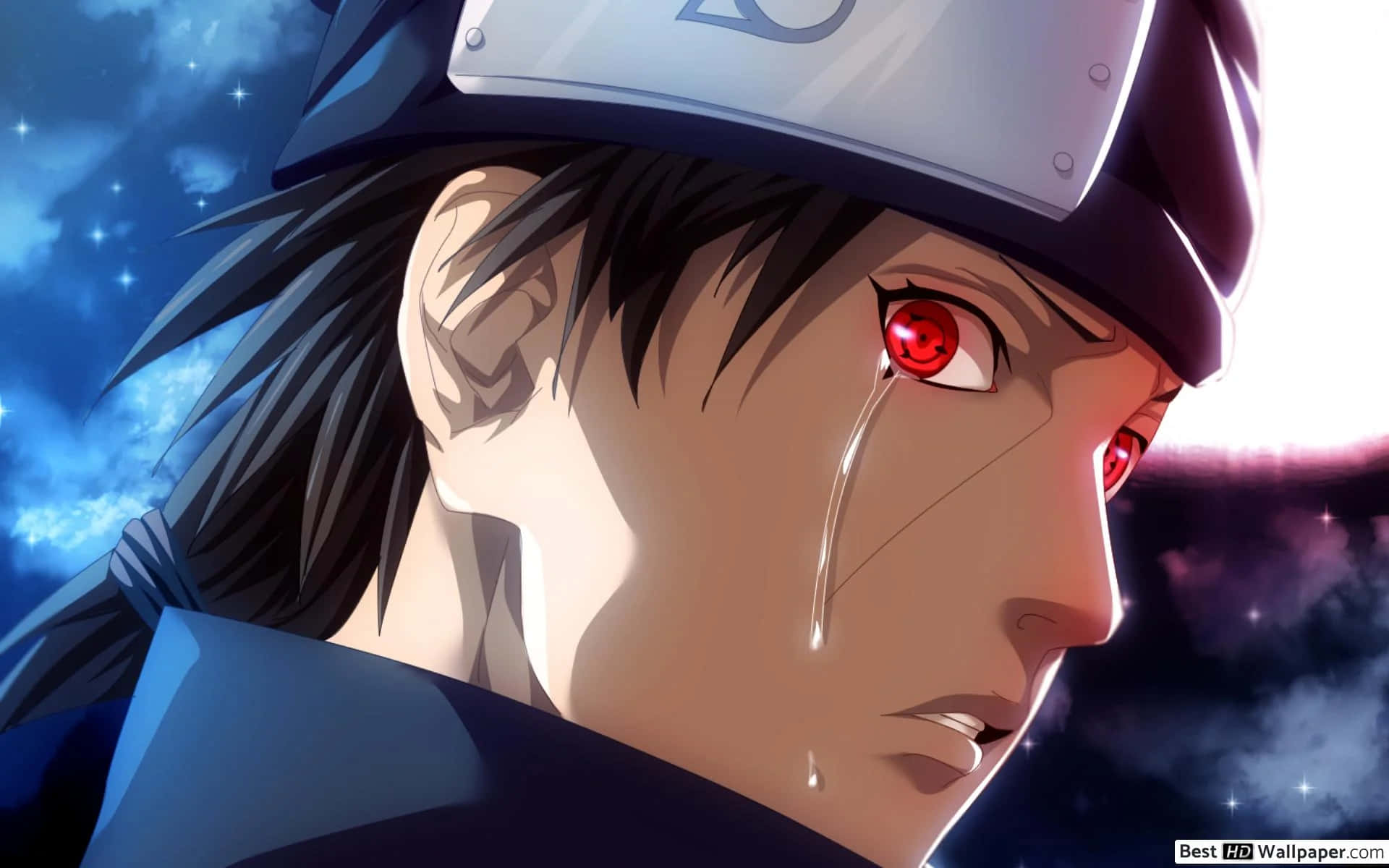 cry 桌布 壁紙 — 一個動漫角色的特寫，紅色的眼睛和一滴淚水順著臉頰流下，背景是繁星點點的夜空。