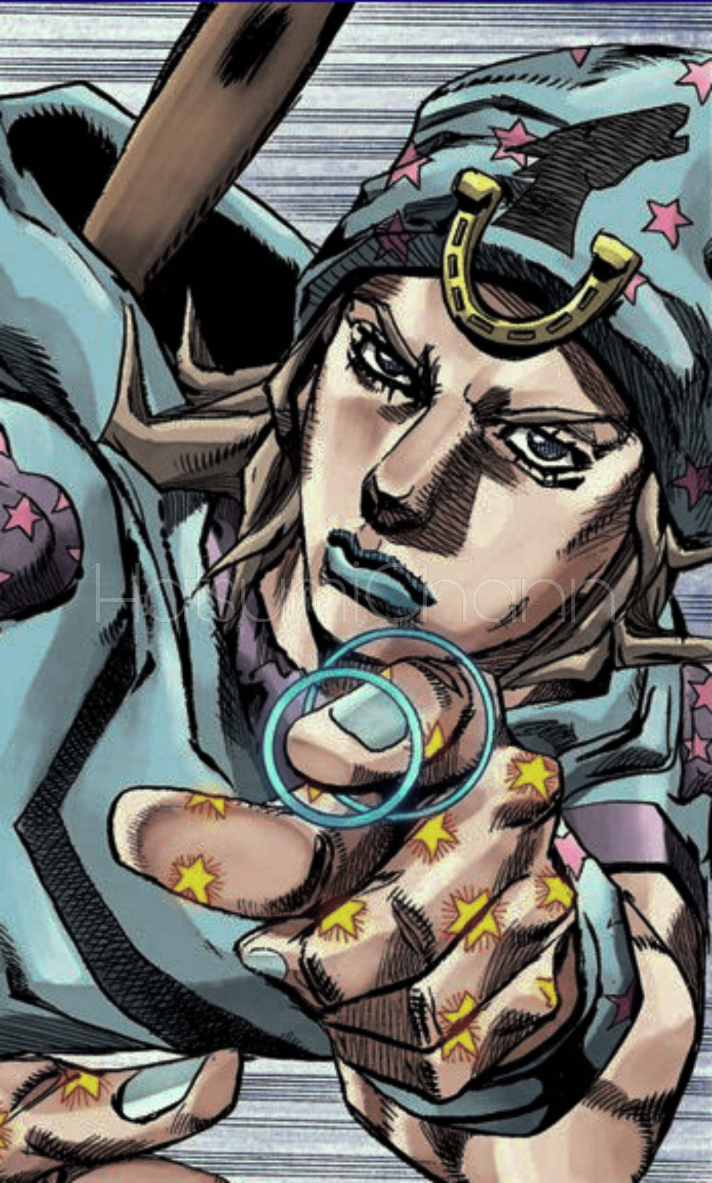 Johnny Joestar 桌布 壁紙 — 一個動漫角色的特寫，頭上戴著馬蹄鐵，手上有星星刺青，正充滿氣勢地指向前方。