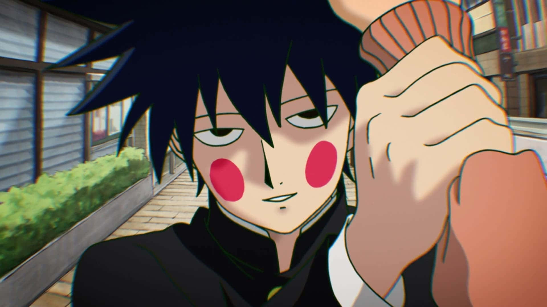 Mob Psycho 桌布 壁紙 — 一個動漫角色的特寫，黑色刺蝟頭和紅色臉頰，站在靠近綠化的人行道上，手持杯子。