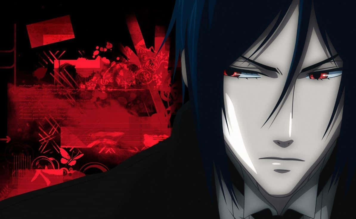 sebastian michaelis 桌布 壁紙 — 一個動漫角色的特寫，黑髮和發光的紅眼睛，背景是混亂的紅色抽象背景。