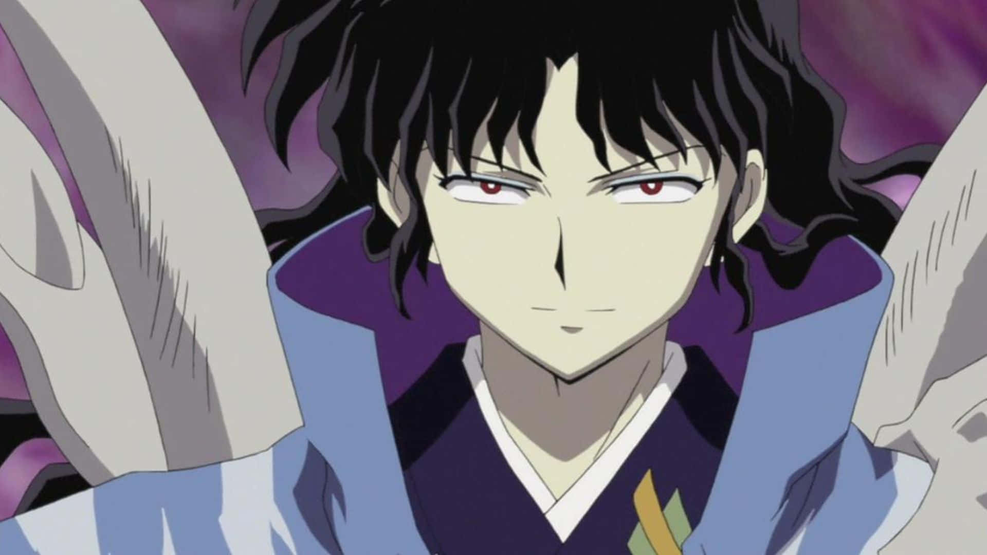 Naraku 桌布 壁紙 — 一個動漫角色的特寫，黑髮紅眼，穿著紫色和藍色的服裝，背景為紫色。