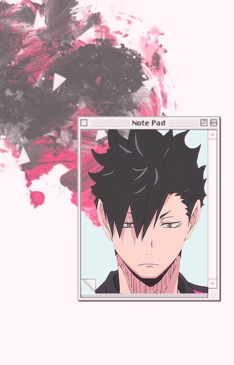 Kuroo 桌布 壁紙 — 一個動漫角色的臉出現在數位記事本視窗中，背景是充滿活力的粉紅色和黑色油漆飛濺。