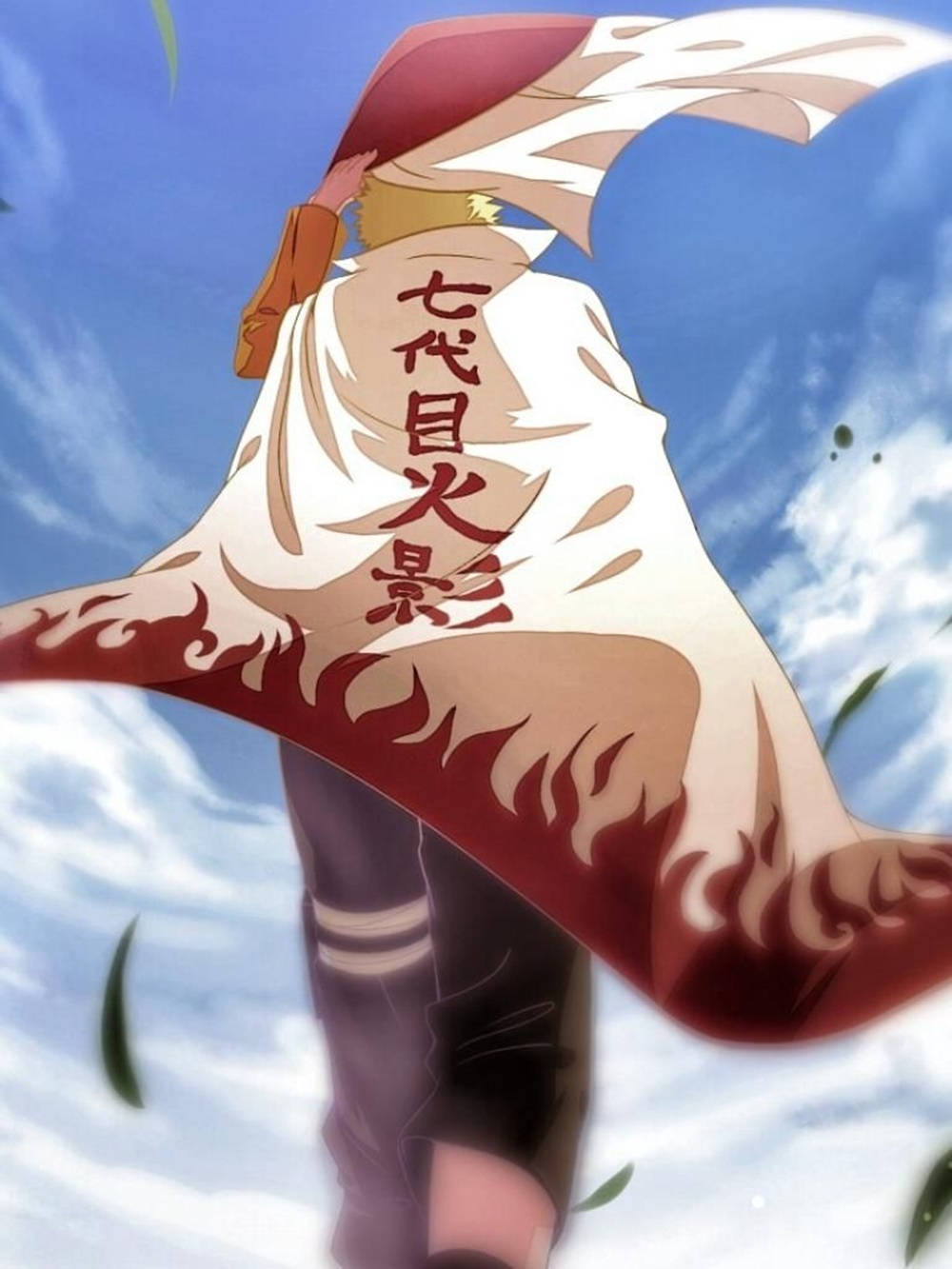 Uzumaki Clan 桌布 壁紙 — 一個動漫角色穿著帶有火焰圖案的飄逸紅白斗篷，站在明亮的藍天下，落葉飄零。