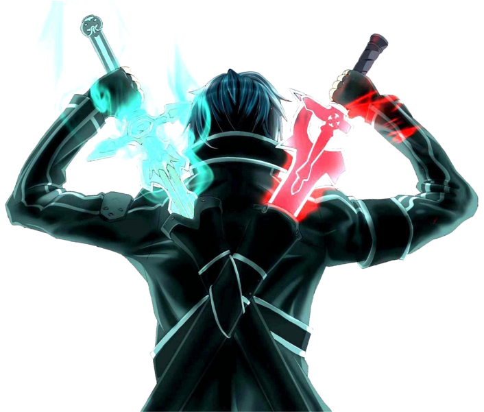 Kirito 桌布 壁紙 — 一個動漫角色背對鏡頭，在純黑背景中揮舞著發光的青色和紅色劍。