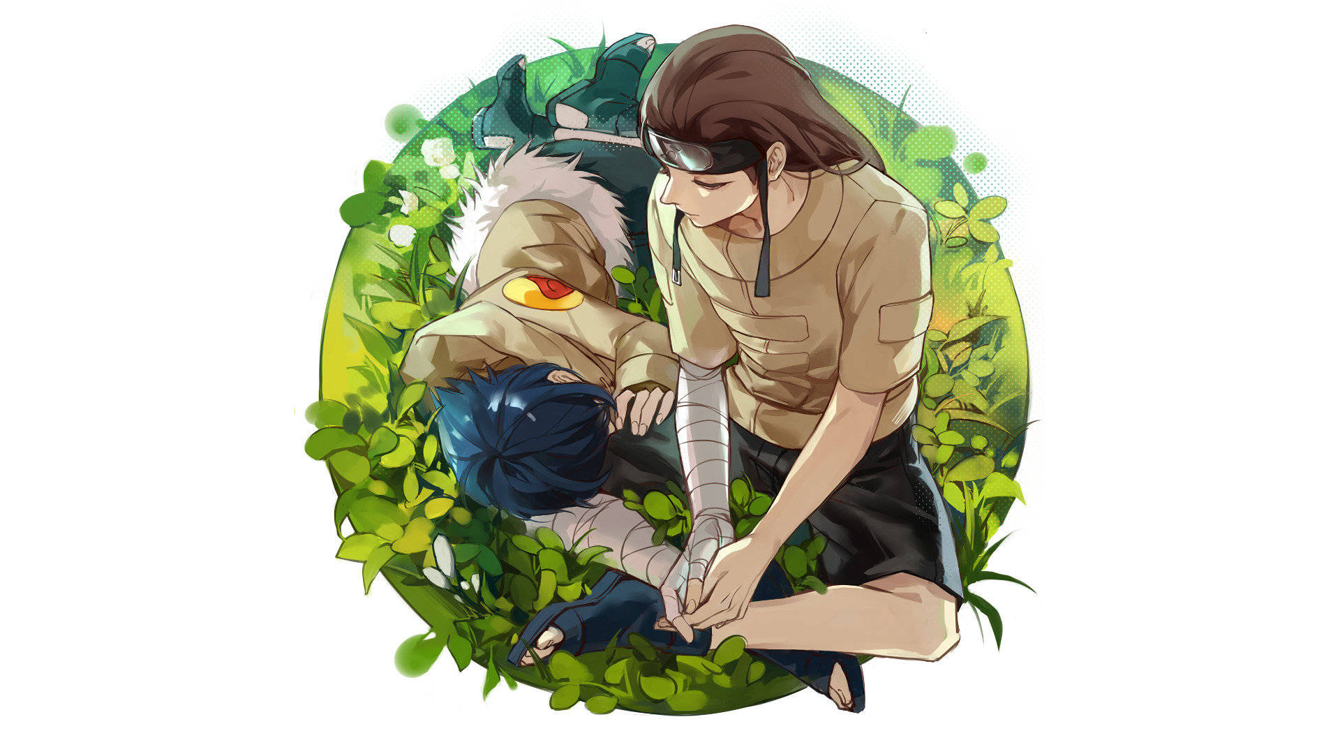 Neji 桌布 壁紙 — 一個動漫角色跪在茂密綠葉中倒下的同伴旁邊，專注地照顧他們受傷的手臂。