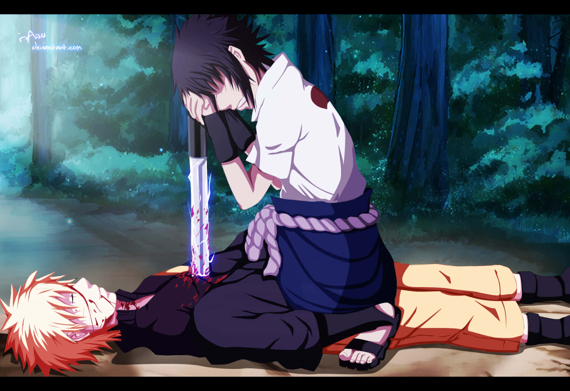 Sasuke Naruto 桌布 壁紙 — 一個動漫角色跪在霧氣瀰漫的森林中倒下的同伴身旁，將一把發光的劍舉在他們的胸口上方。