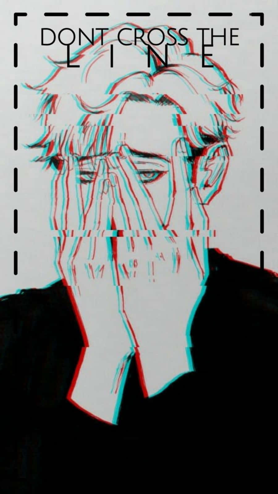 動漫男孩 桌布 壁紙 — 一個動漫風格插圖，人物用手遮住臉，下方有粗體文字和故障風格的紅藍色彩失真。