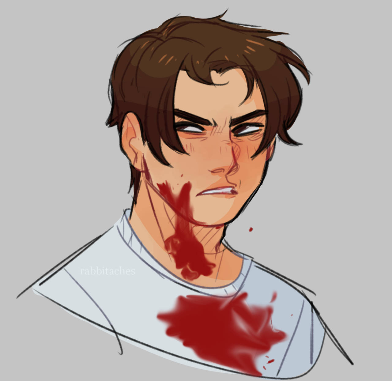 Billy Loomis 桌布 壁紙 — 一個動漫風格插圖，描繪一名棕色頭髮的年輕男子，血從他的臉滴到他的白襯衫上。