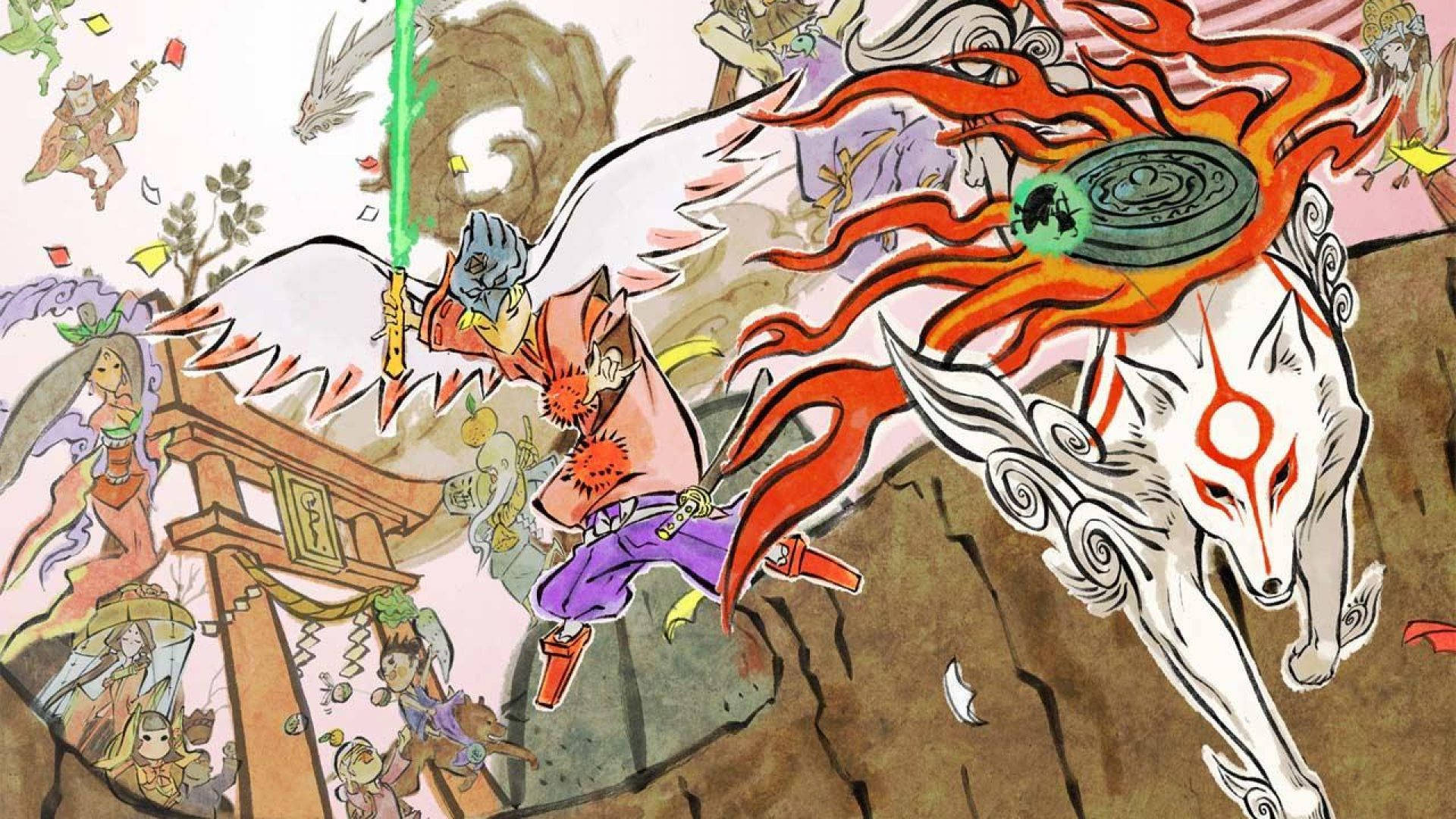 Okami 桌布 壁紙 — 一個動漫風格的動態插圖，描繪一位戰士騎著一團火焰的白狐穿過一個充滿神話生物的混亂神社場景。