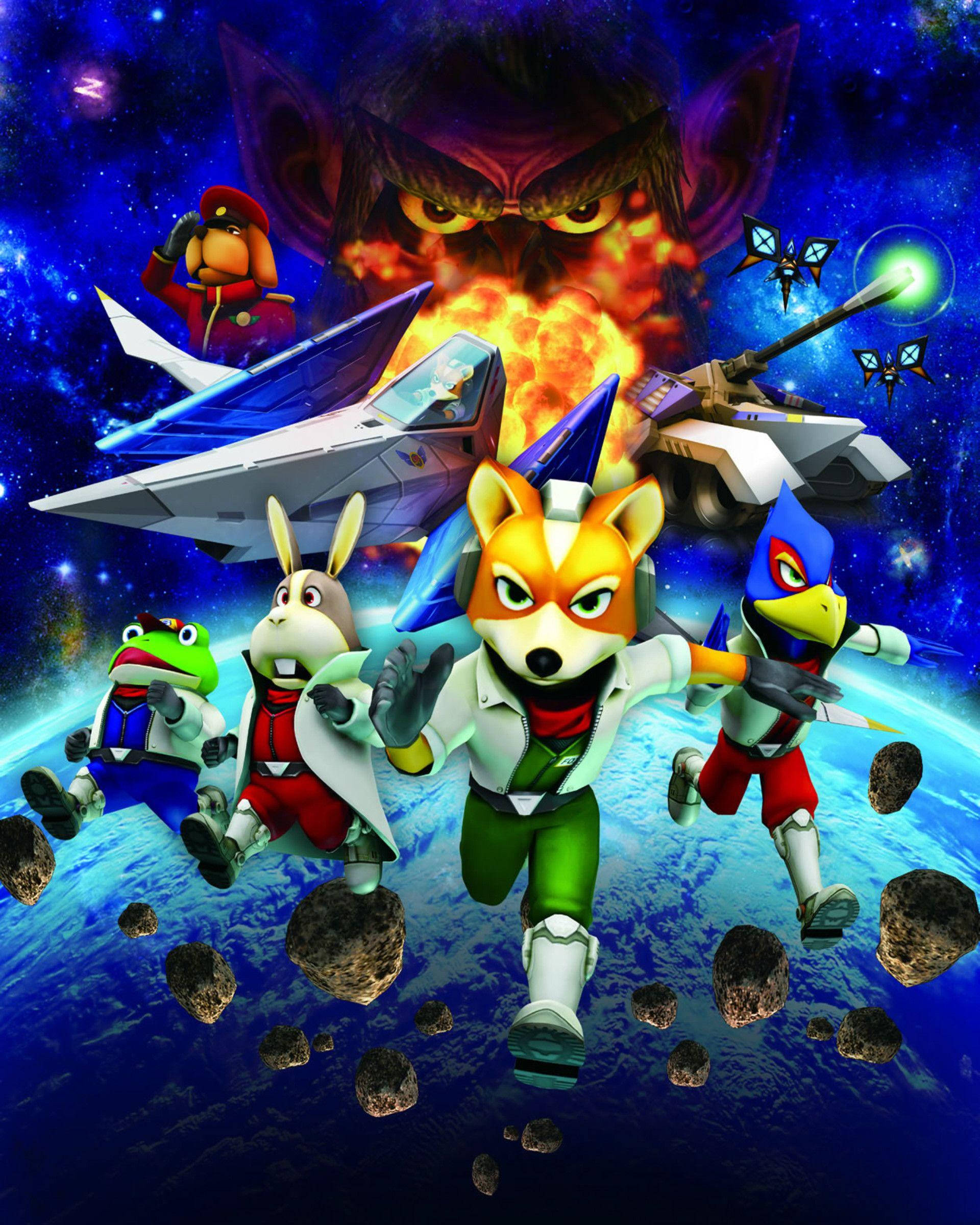 Star Fox 桌布 壁紙 — 一個動漫風格的動物英雄團隊在太空中飛馳，躲避小行星，身後有一隻巨大的怪物潛伏著。