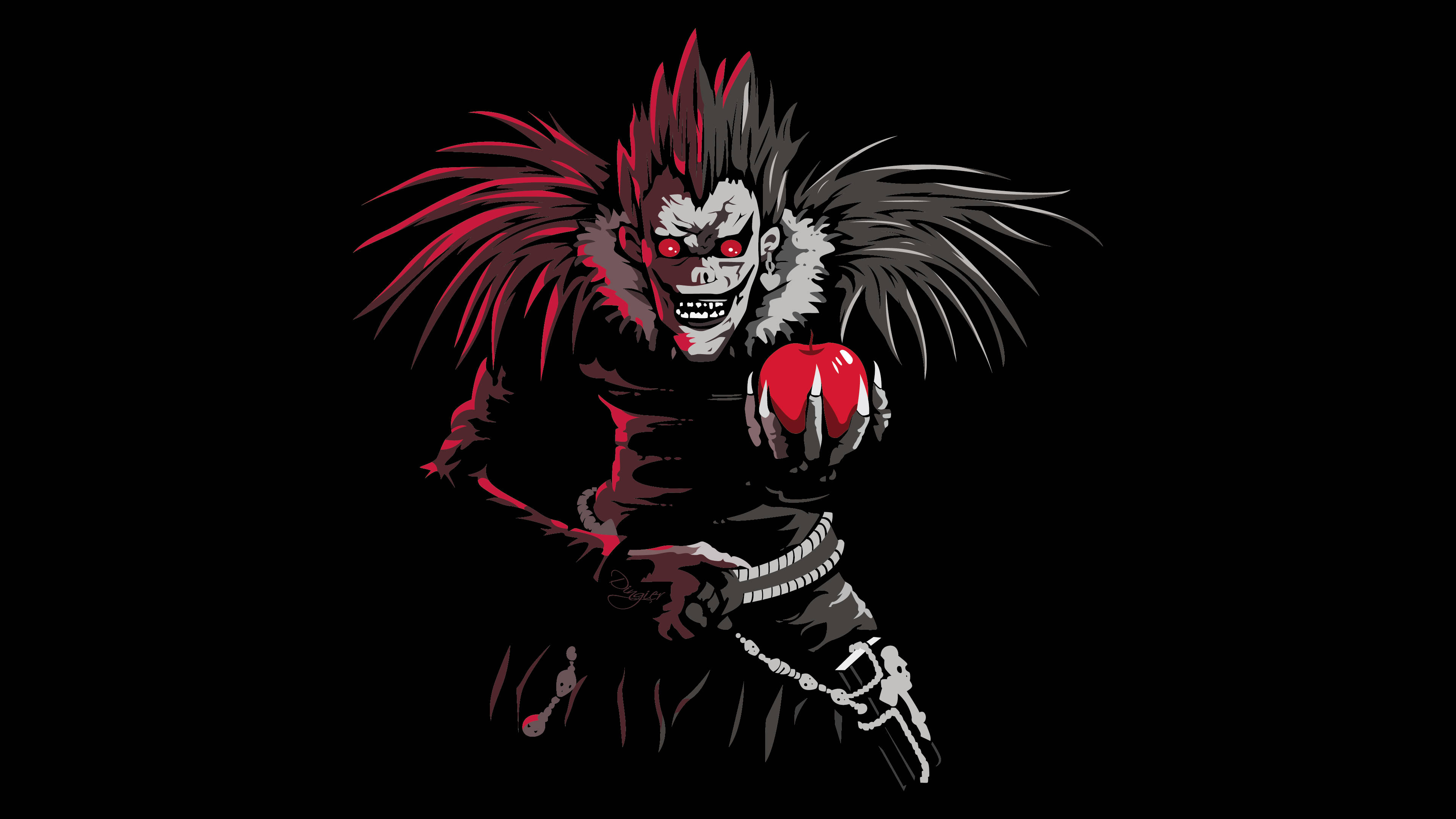 Ryuk 桌布 壁紙 — 一個動漫風格的可怕死神，紅眼睛和尖刺頭髮，在黑色背景上拿著一個發光的紅蘋果。