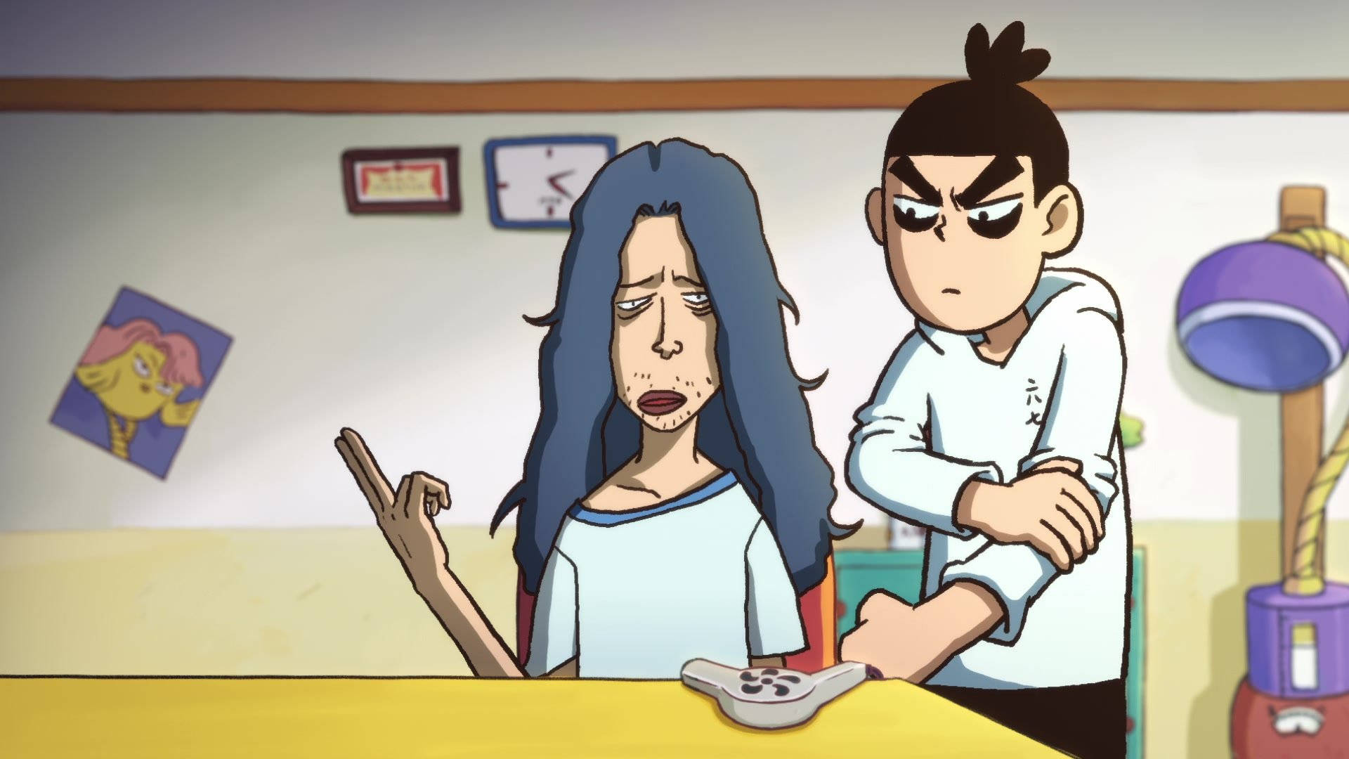 Scissor 桌布 壁紙 — 一個動漫風格的場景顯示一個沮喪的女人坐在桌子旁拿著遊戲控制器，而一個男孩憤怒地站在她身後。