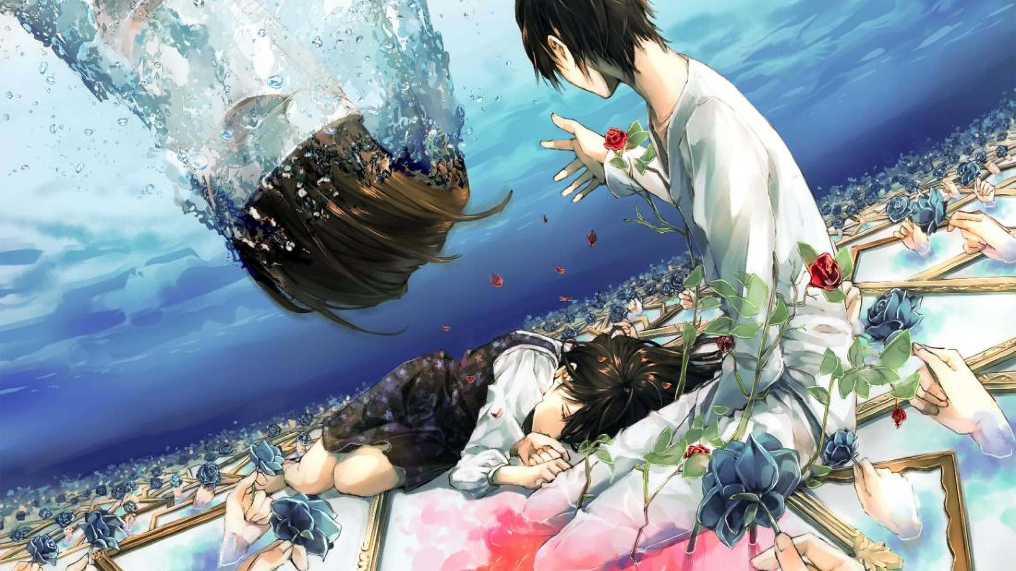 Fantasy Anime 桌布 壁紙 — 一個動漫風格的場景顯示一個男孩在水下伸手去抓一個在水中墜落的女孩，周圍漂浮著玫瑰。