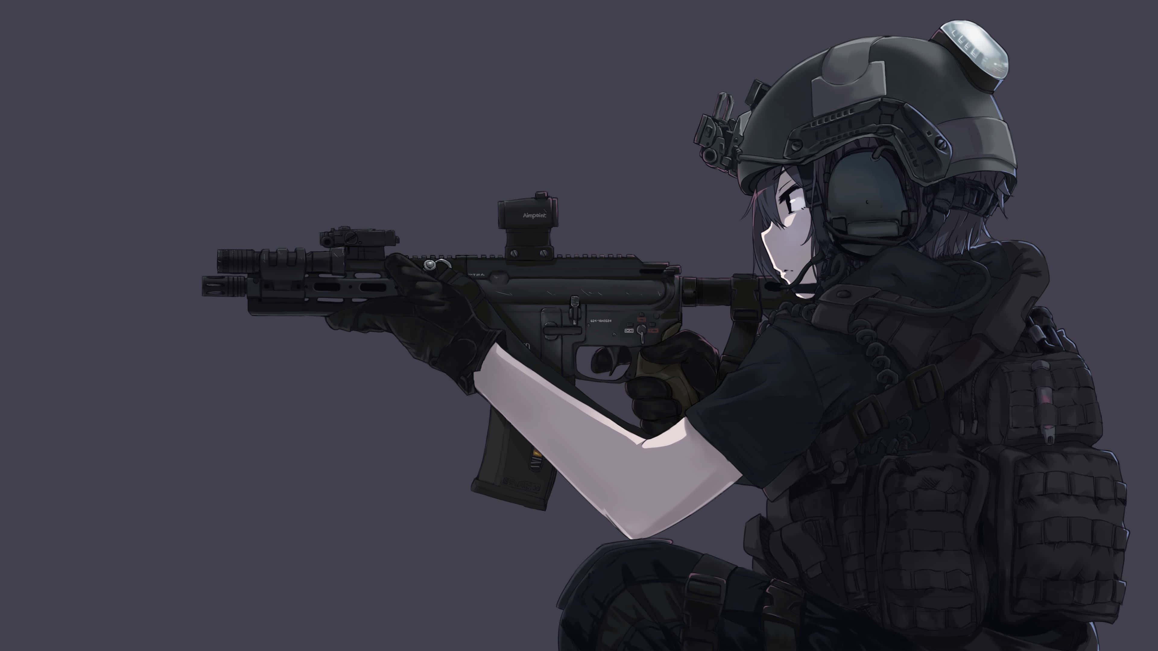 Swat 桌布 壁紙 — 一個動漫風格的士兵穿著戰術裝備，在深灰色背景前瞄準步槍。
