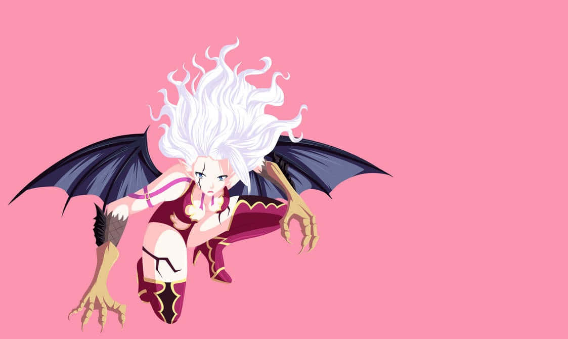 Mirajane Strauss 桌布 壁紙 — 一個動漫風格的惡魔少女，白色頭髮和黑色翅膀，在純粉紅色背景上蹲下。
