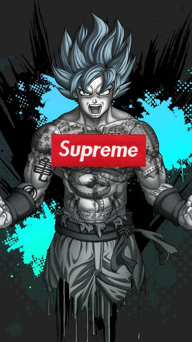 superhero supreme 桌布 壁紙 — 一個動漫風格的戰士，擁有尖刺藍色頭髮和紋身，咆哮著，紅色Supreme標誌覆蓋他的胸膛，背景是黑色和藍綠色的潑濺。