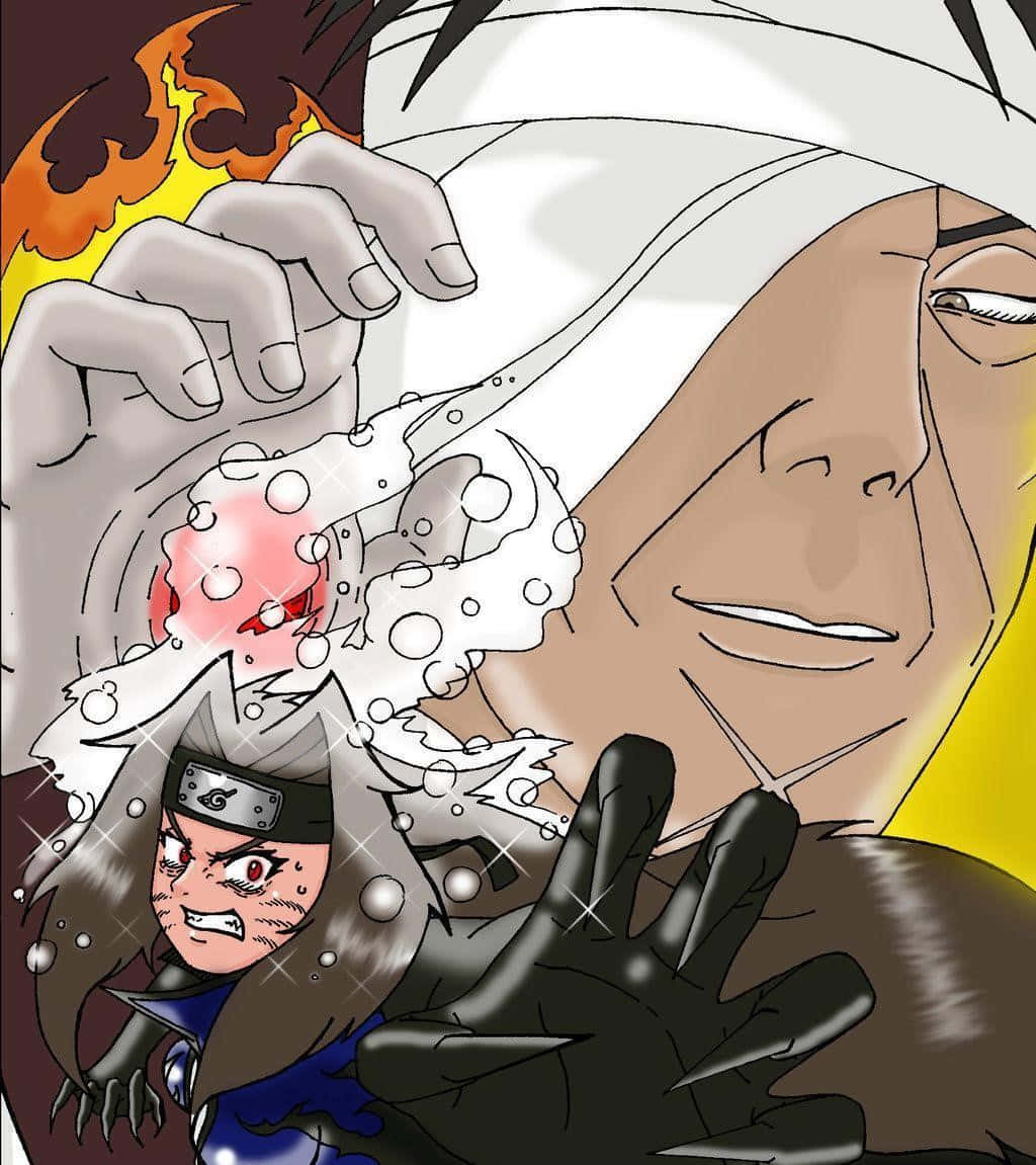 Danzo Shimura 桌布 壁紙 — 一個動漫風格的戰鬥場景，有一個穿藍色的年輕忍者和一個戴面具的成年人使用火和水系忍術。