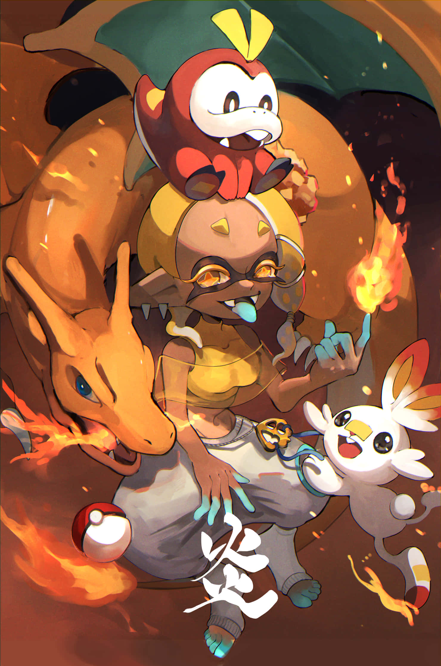 任天堂 桌布 壁紙 — 一個動漫風格的熾熱插畫，描繪一個女孩與三隻火屬性寶可夢，被火焰和火花包圍。
