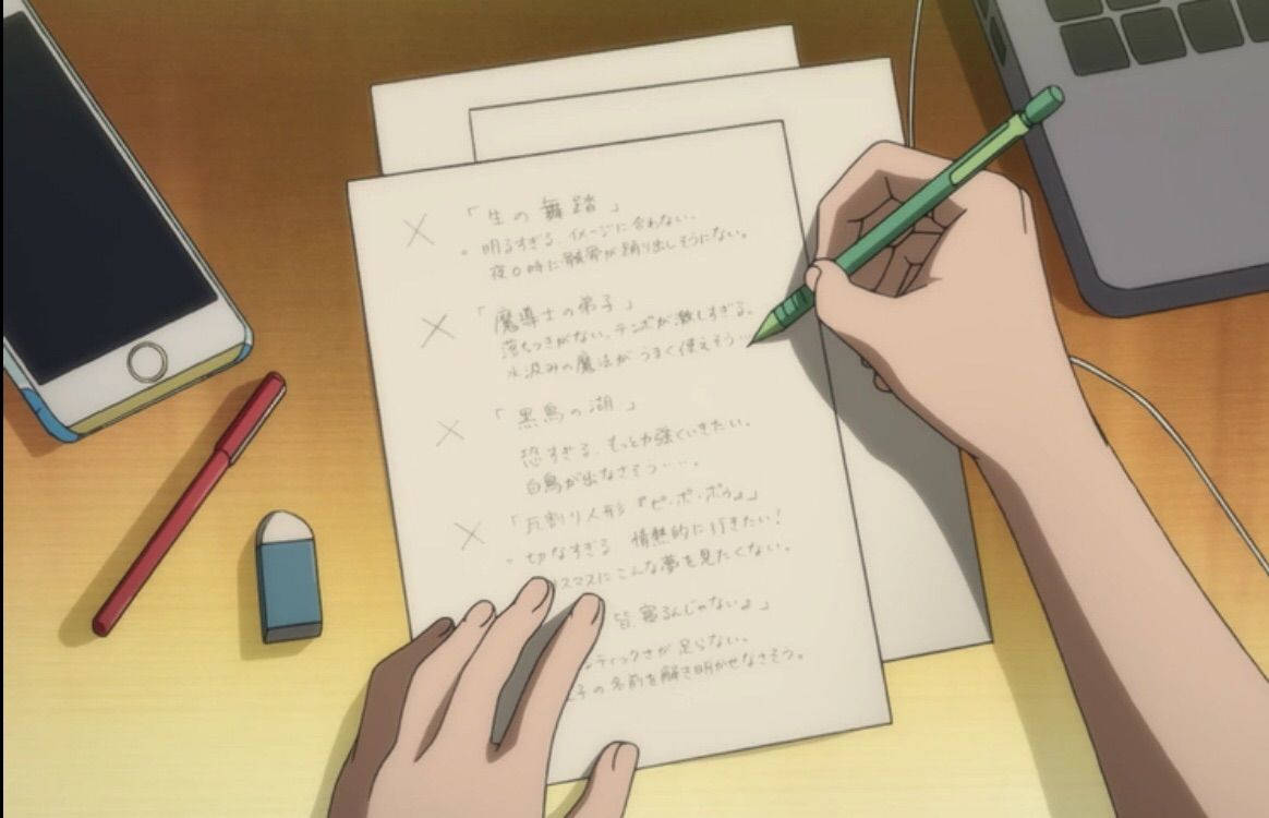 Study Aesthetic 桌布 壁紙 — 一個動漫風格的特寫鏡頭，顯示手在木桌上用綠色筆在紙上書寫日文文字。